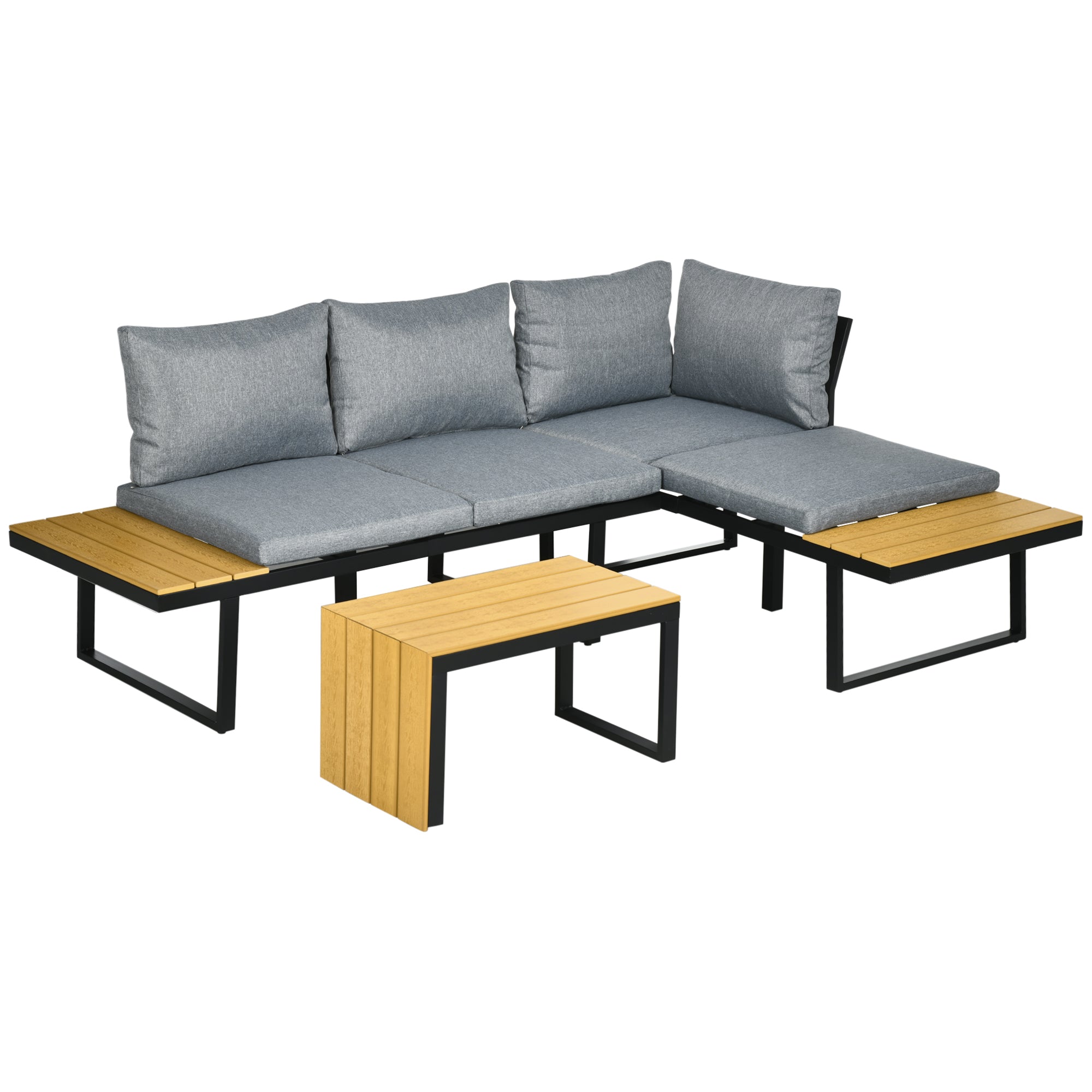 Outsunny 3 Pieces Patio Furniture Set, Outdoor Garden Sofa Conversation Set w/ Padded Cushions, Wood Grain Plastic Top Table and Side Panel, Dark Grey - North Peak Garden Furniture