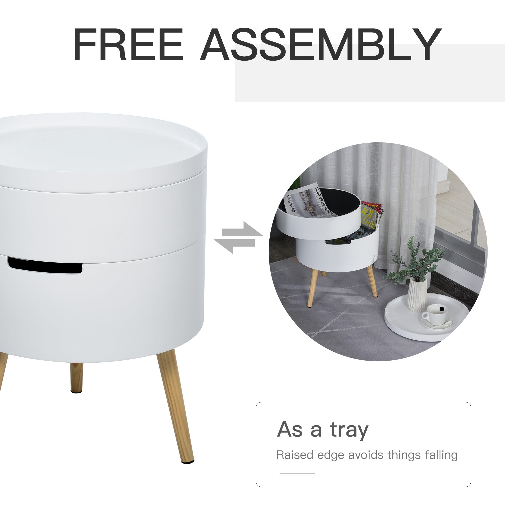 HOMCOM 3-Tier Coffee Table, Round End Table with 2 Hidden Compartments and Detachable Tray, Side Table with Storage for Living Room, Set of 2, White - North Peak Garden Furniture
