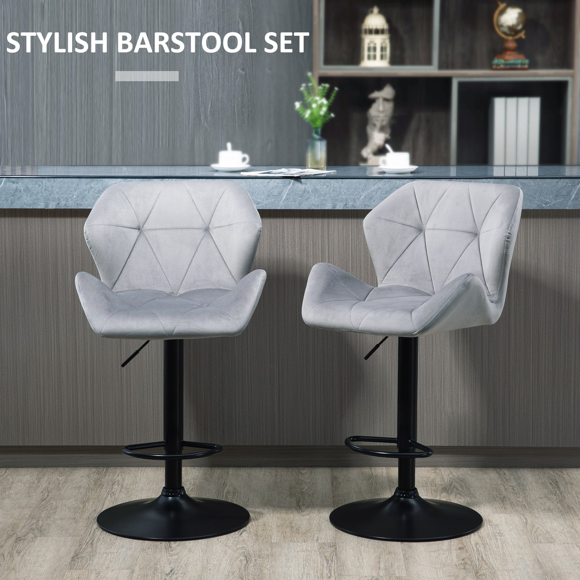 HOMCOM Bar Stools Set Of 2, Luxurious Velvet-Touch Barstools with Metal Frame Footrest Round Base Triangle Indenting Moulded Seat Adjustable Height Swivel Grey - North Peak Garden Furniture