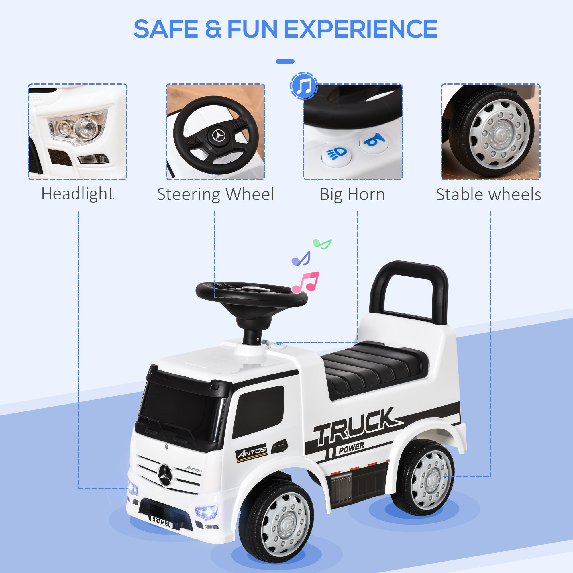 HOMCOM Compatible Kids Ride On Car Truck Mercedes Benz Licensed Toddler Foot To Floor Slider w/Under Seat Storage for 12 - 36 Months White - North Peak Garden Furniture