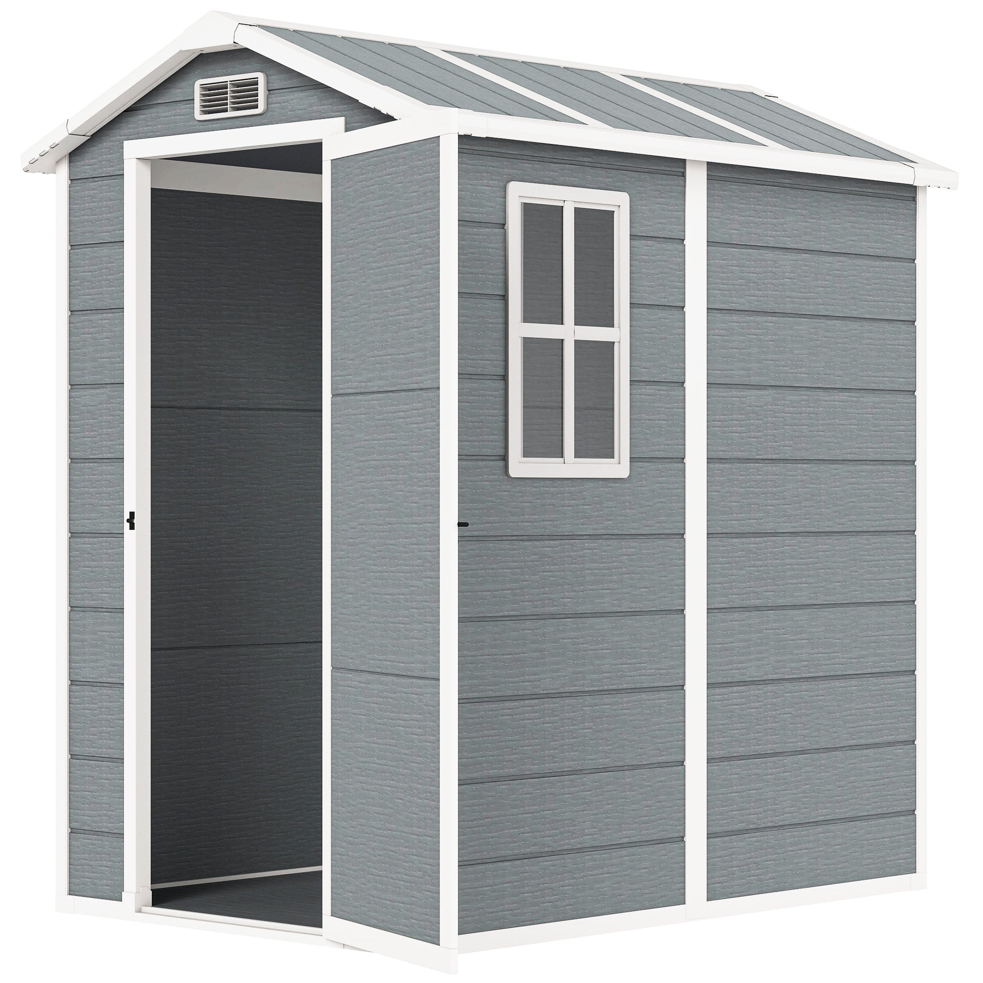 Outsunny 4 x 6ft Garden Shed, Plastic Shed with Floor, Window, Lockable Door and Vents, Resin Tool Shed for Outdoor Patio Storage, Zero Maintenance, Grey