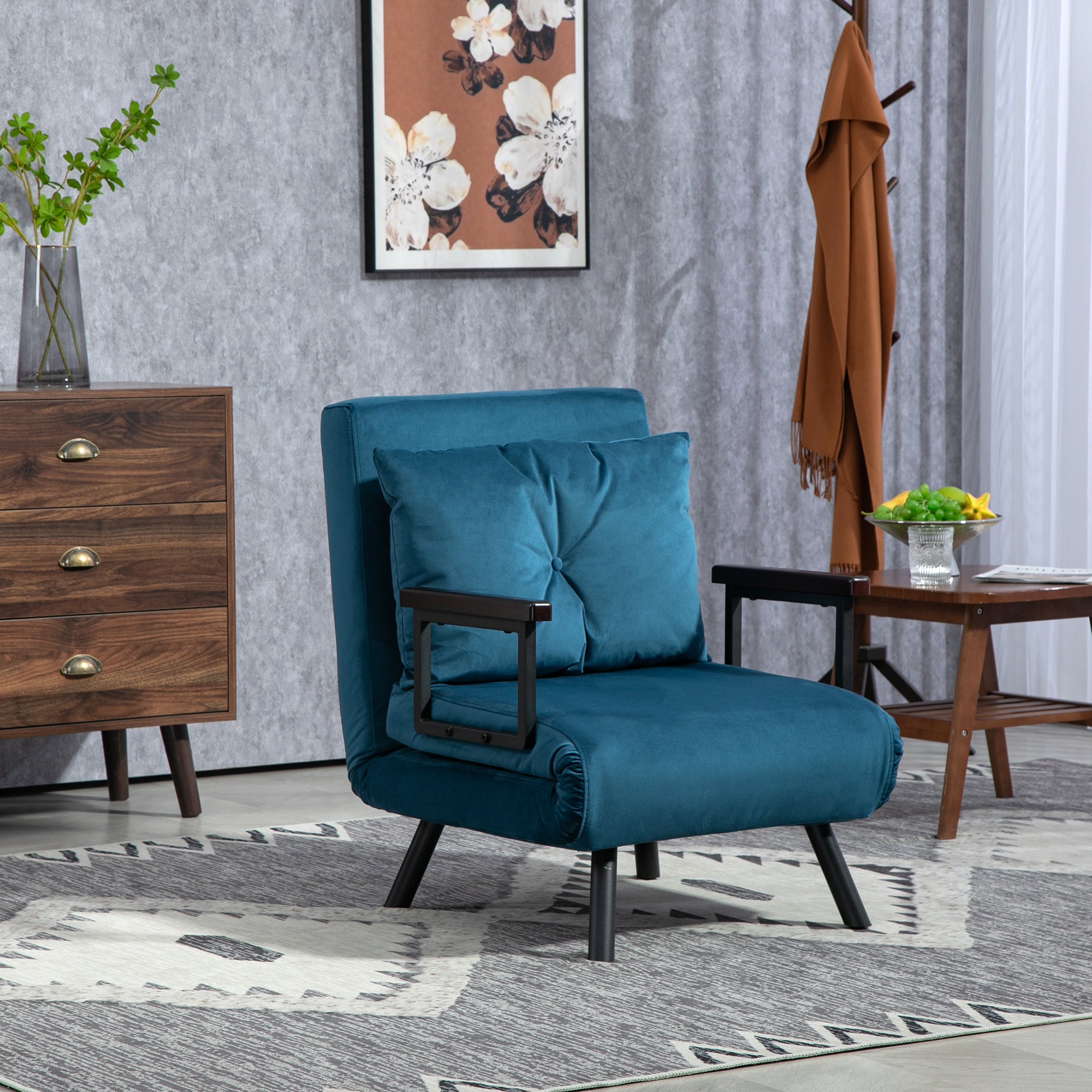 HOMCOM 4-in-1 Velvet-Feel Single Chair Bed, with Pillow - Navy Blue - North Peak Garden Furniture