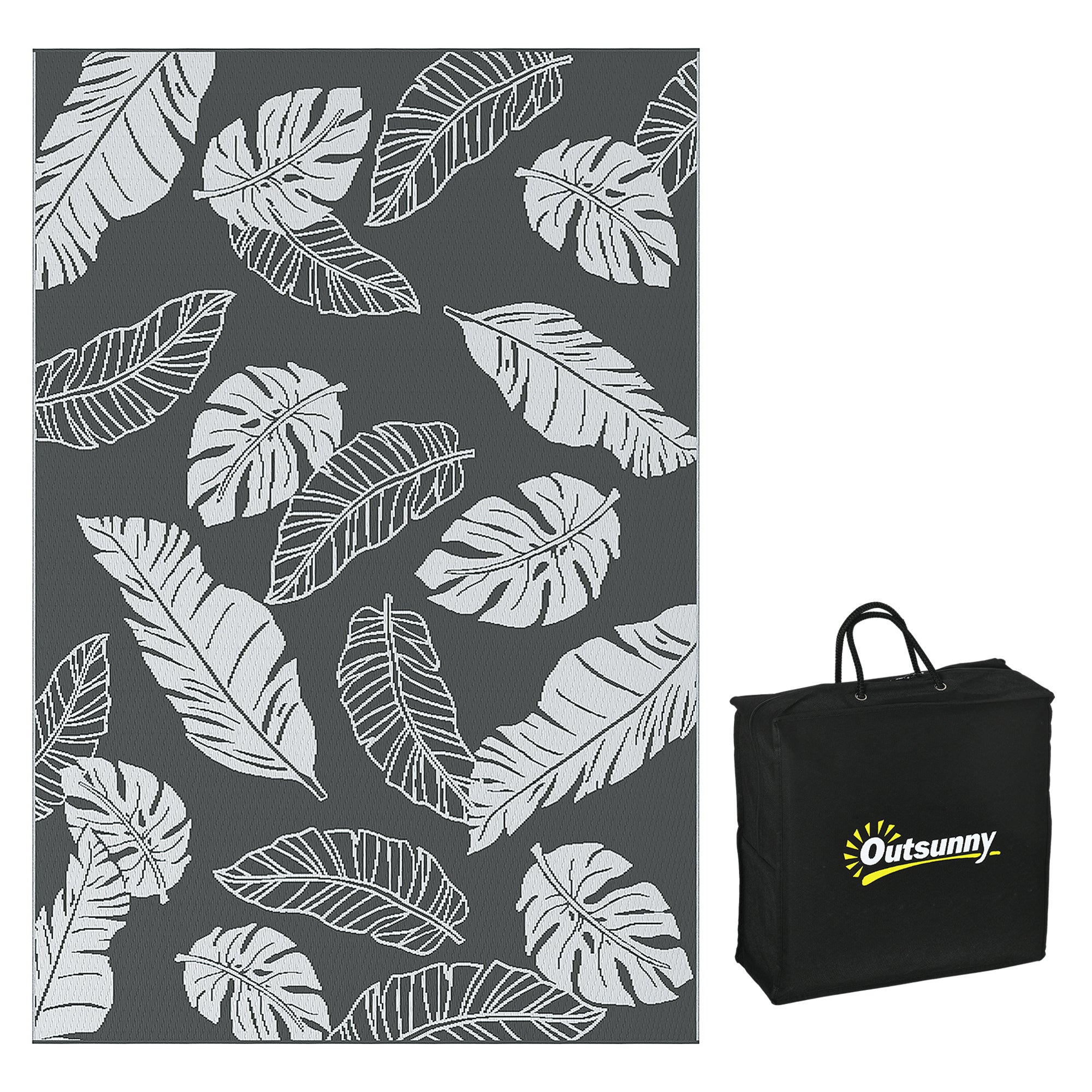 Outsunny Plastic Straw Reversible RV Outdoor Rug with Carry Bag, 182 x 274cm, Grey and White - North Peak Garden Furniture