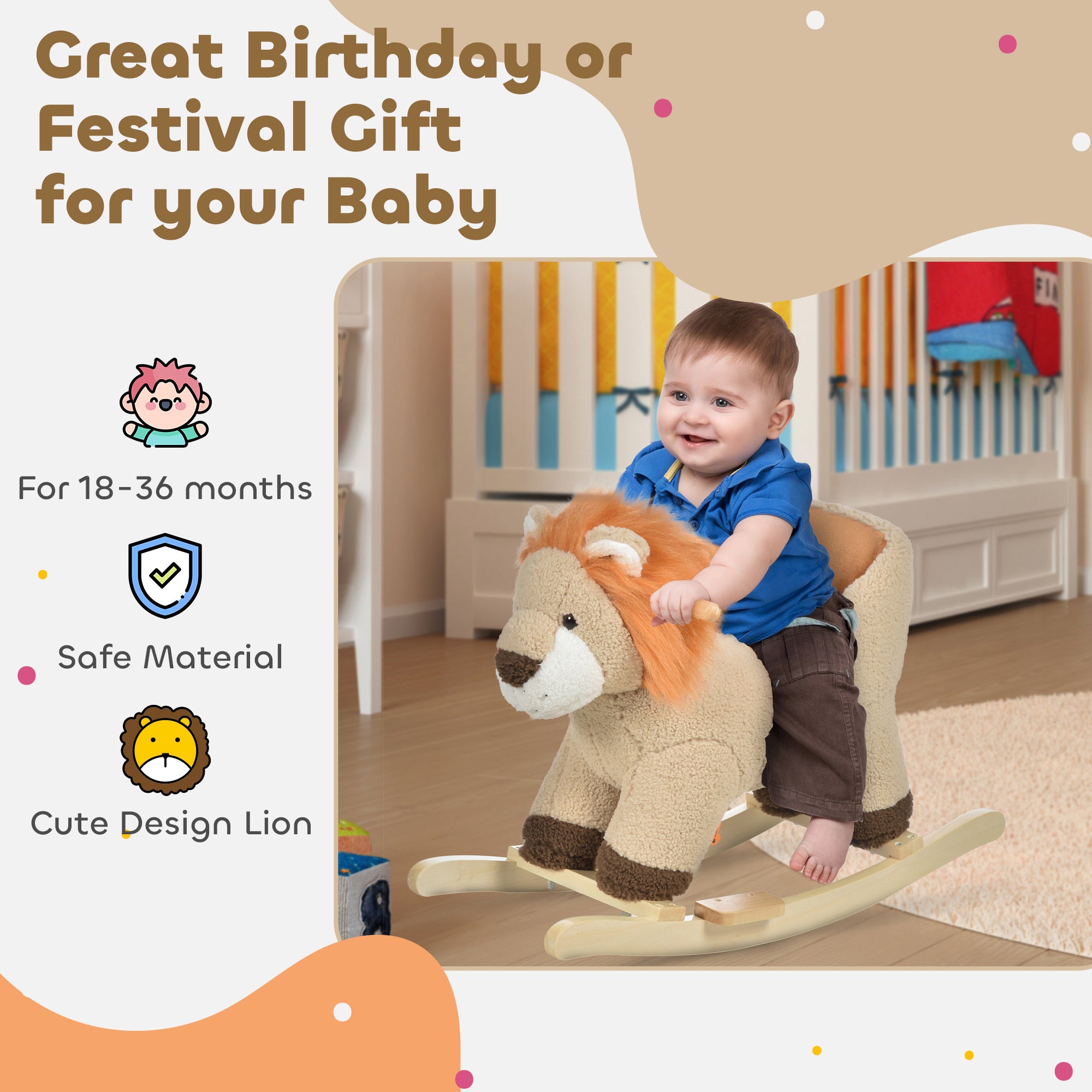 HOMCOM Kids Children Rocking Horse Plush Ride On Lion Seat w/ Sound Wood Base Seat Safety Belt Toddler Baby Toy for 18-36 Months Brown