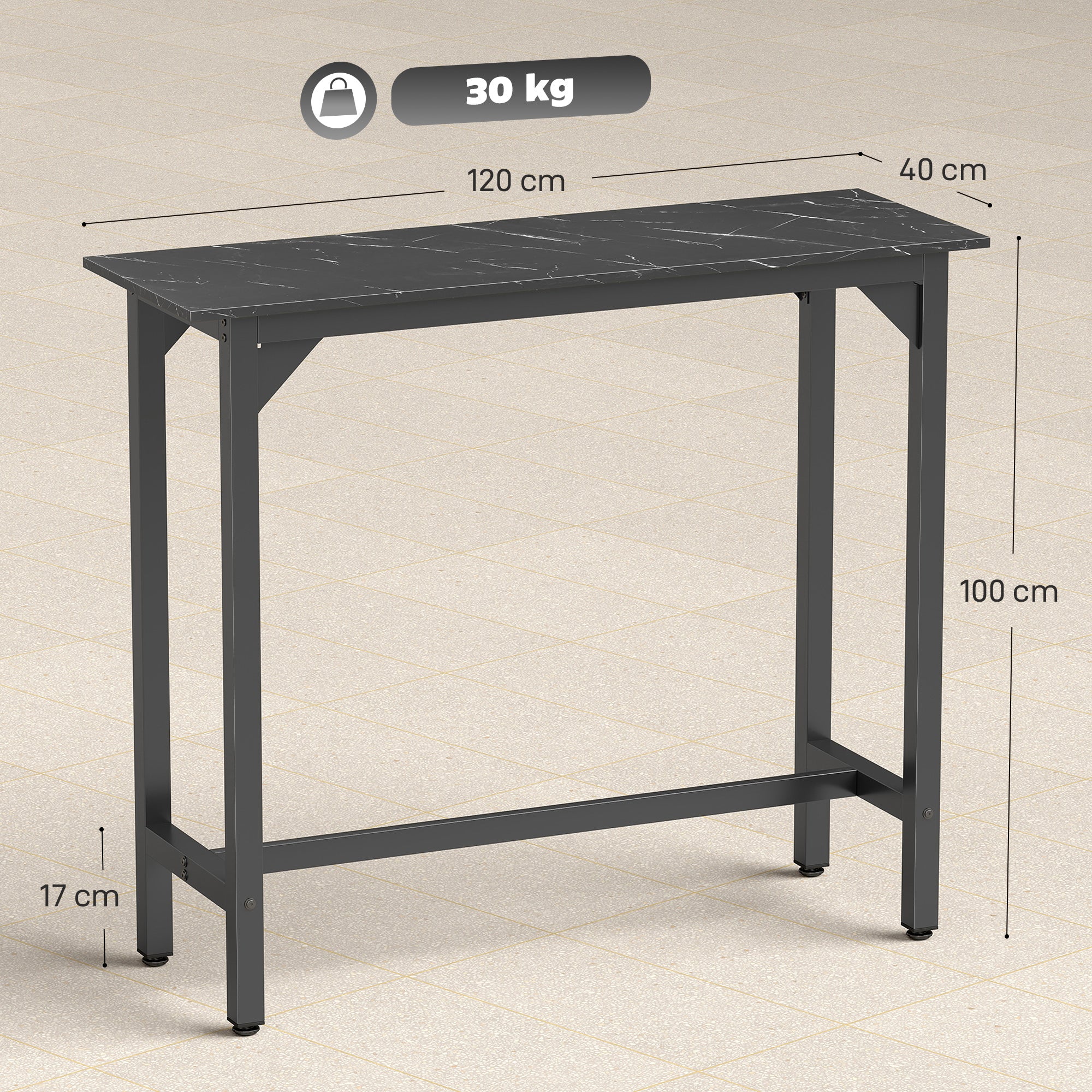 HOMCOM Rectangular Bar Table, Marble Effect Pub Coffee Table for Small Space, Breakfast Dining, Black Marble Effect