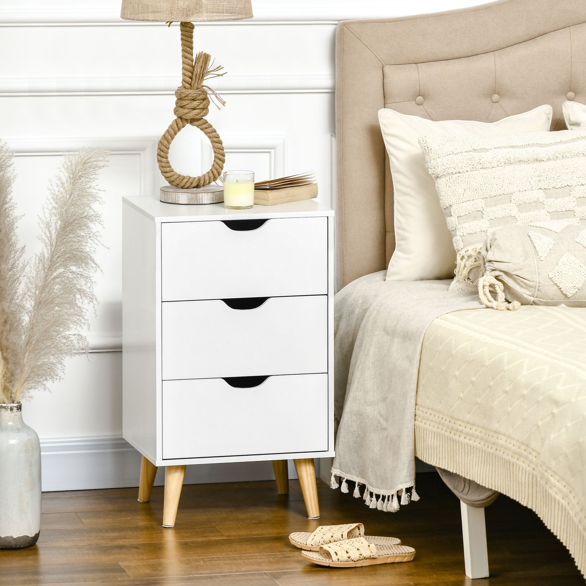 HOMCOM Bedside Table, Bedside Cabinet with 3 Drawers, Small Side Table with Wood Legs and Cut-out Handles for Bedroom, White - North Peak Garden Furniture