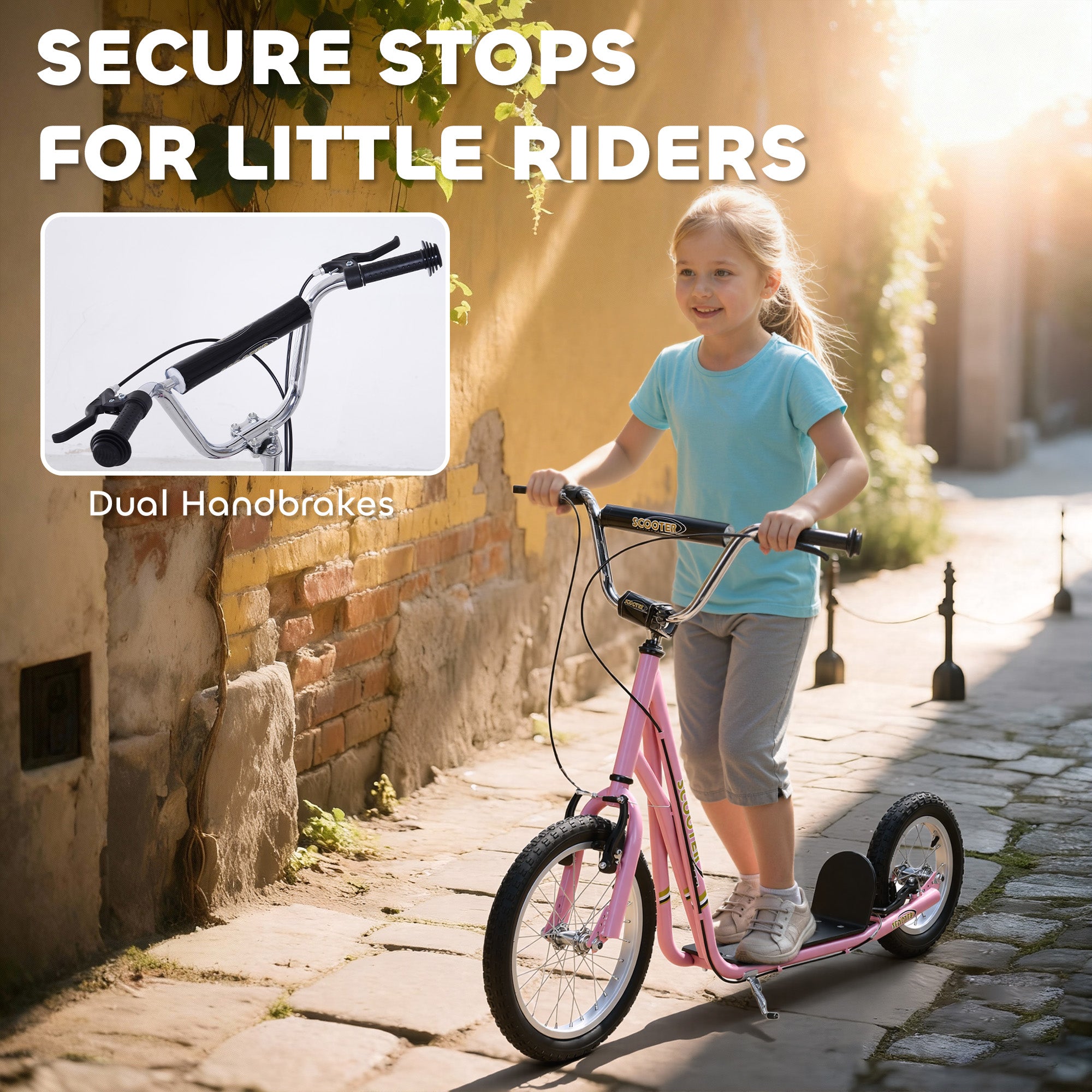 HOMCOM Teen Stunt Scooter Push Kick Scooters for Kids with Rubber Wheels Adjustable Handlebar Front Rear Dual Brakes Kickstand, for 5+ Years, Pink