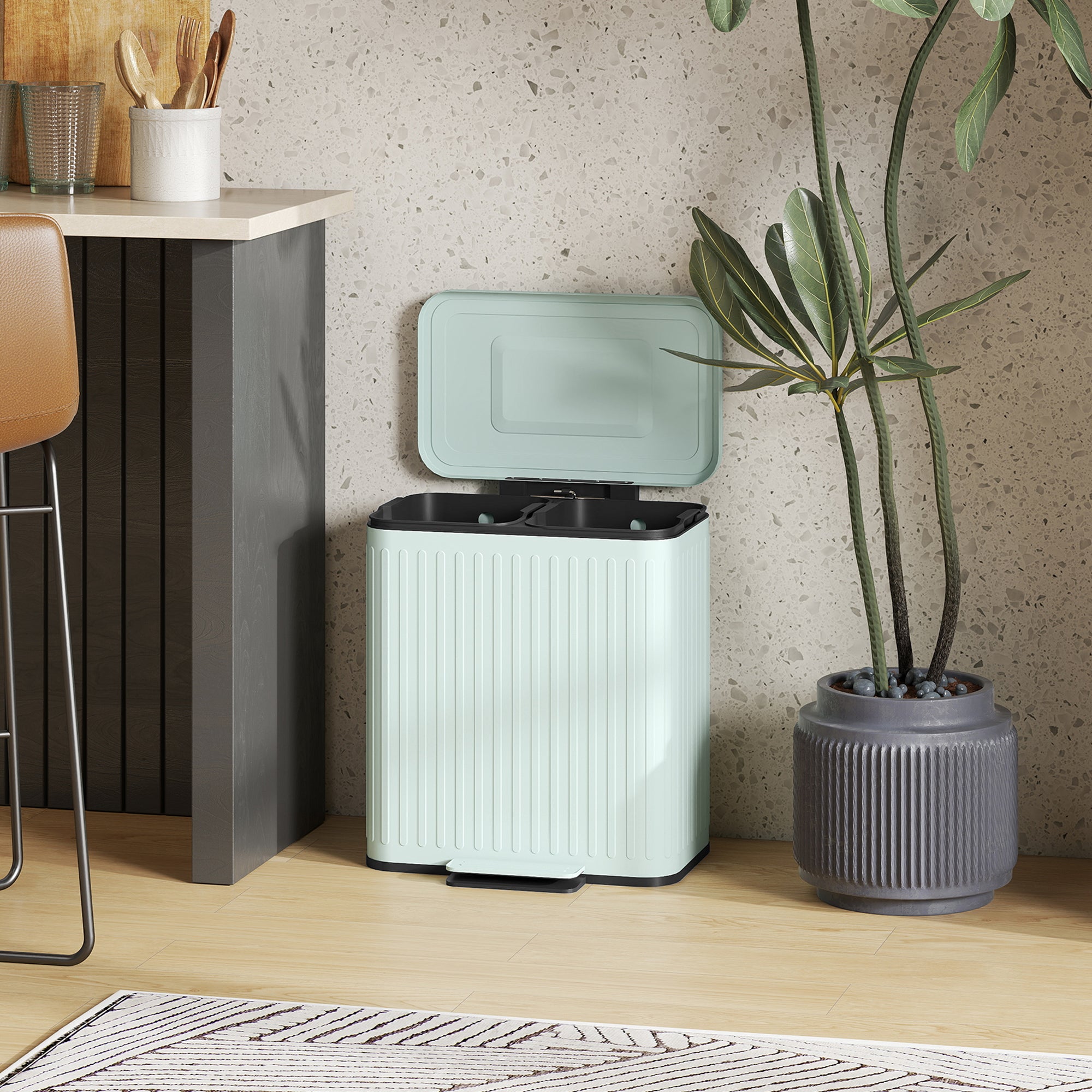 HOMCOM 40L Dual Compartment Rubbish Bin, with Soft-Close Lid - Green - North Peak Garden Furniture