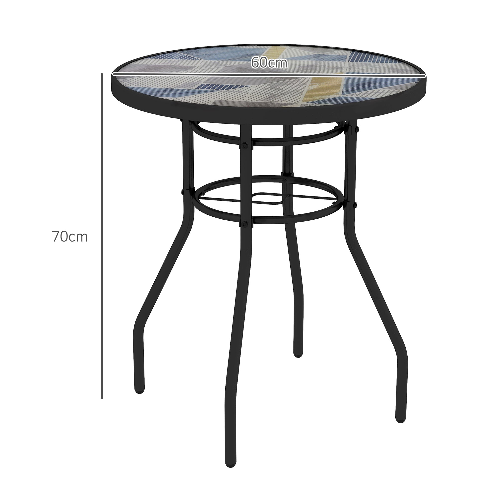 Outsunny Garden Table with Tempered Glass Top, Printed Design, Steel Frame, for Porch, Multicolour | Aosom UK