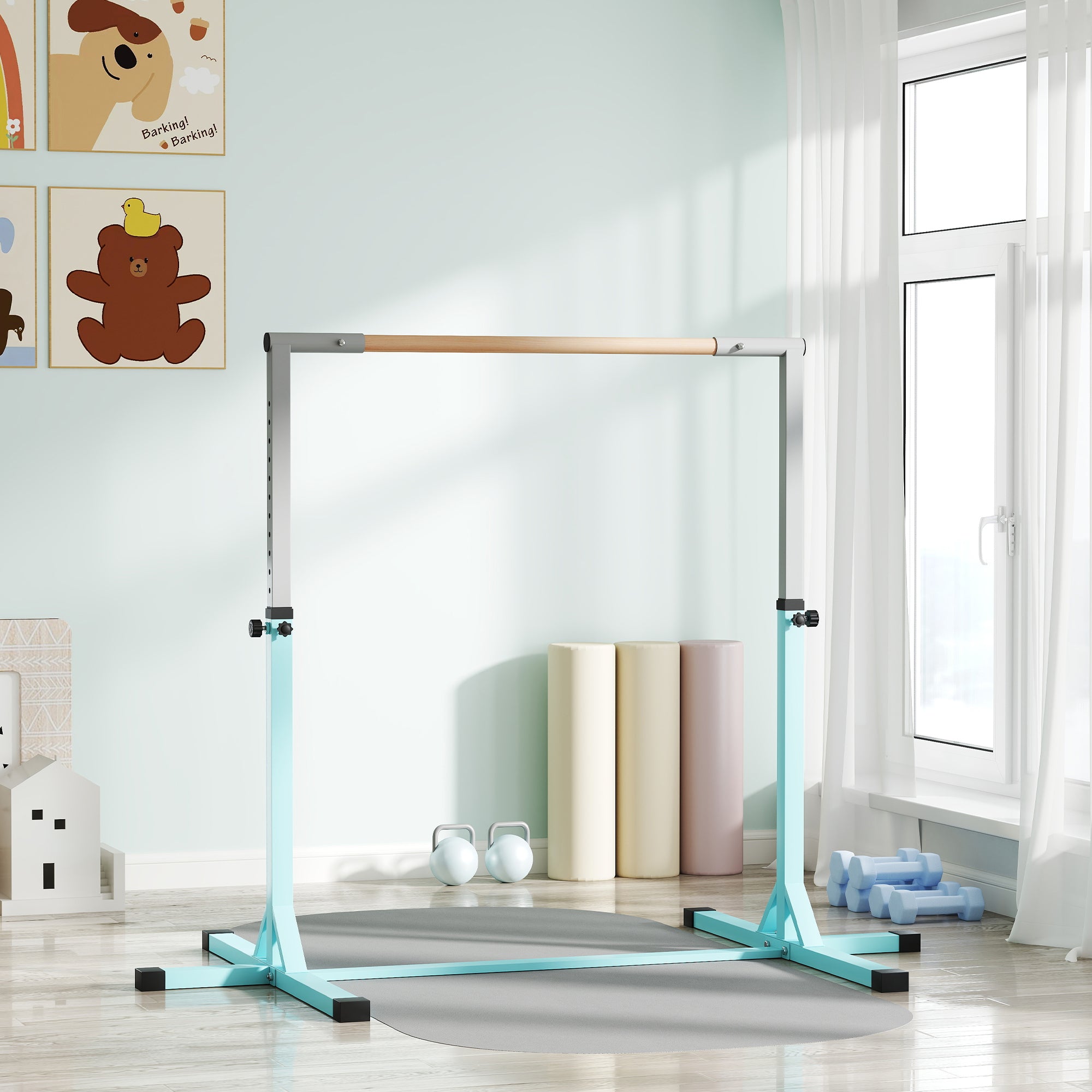 HOMCOM Height Adjustable Gymnastics Horizontal Bar for Kids, Children Junior Kip High Bar Fitness, Light Blue