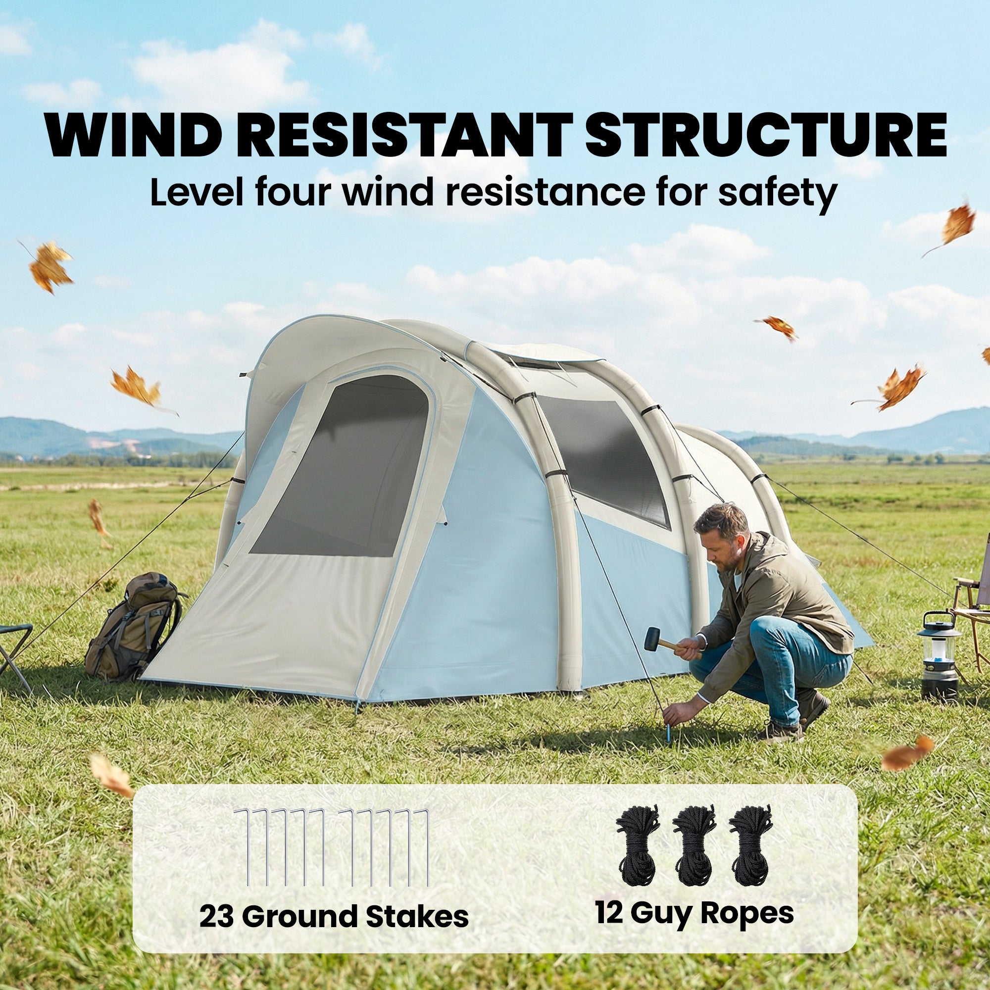 Outsunny Inflatable Camping Tent w/ Air Pump, Easy Setup 2-3 Person Blow Up Tent, Light Blue