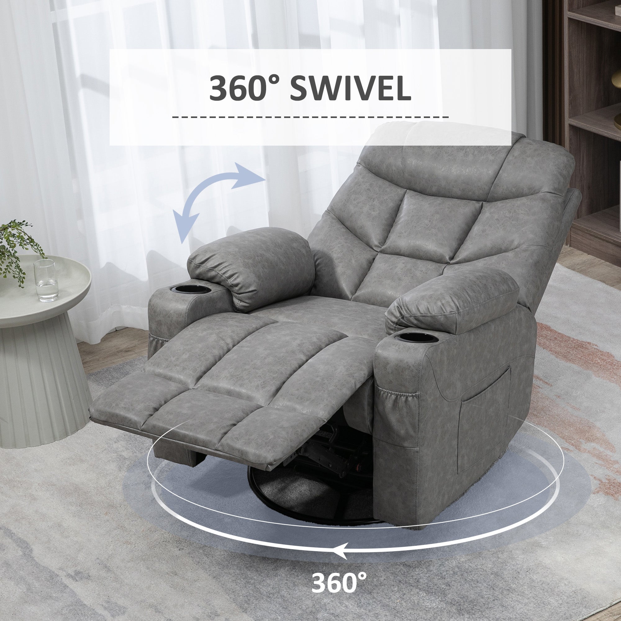 HOMCOM Manual Reclining Chair, Recliner Armchair with Swivel, Faux Leather, Below, Cup Holders, 86x93x102cm, Grey - North Peak Garden Furniture