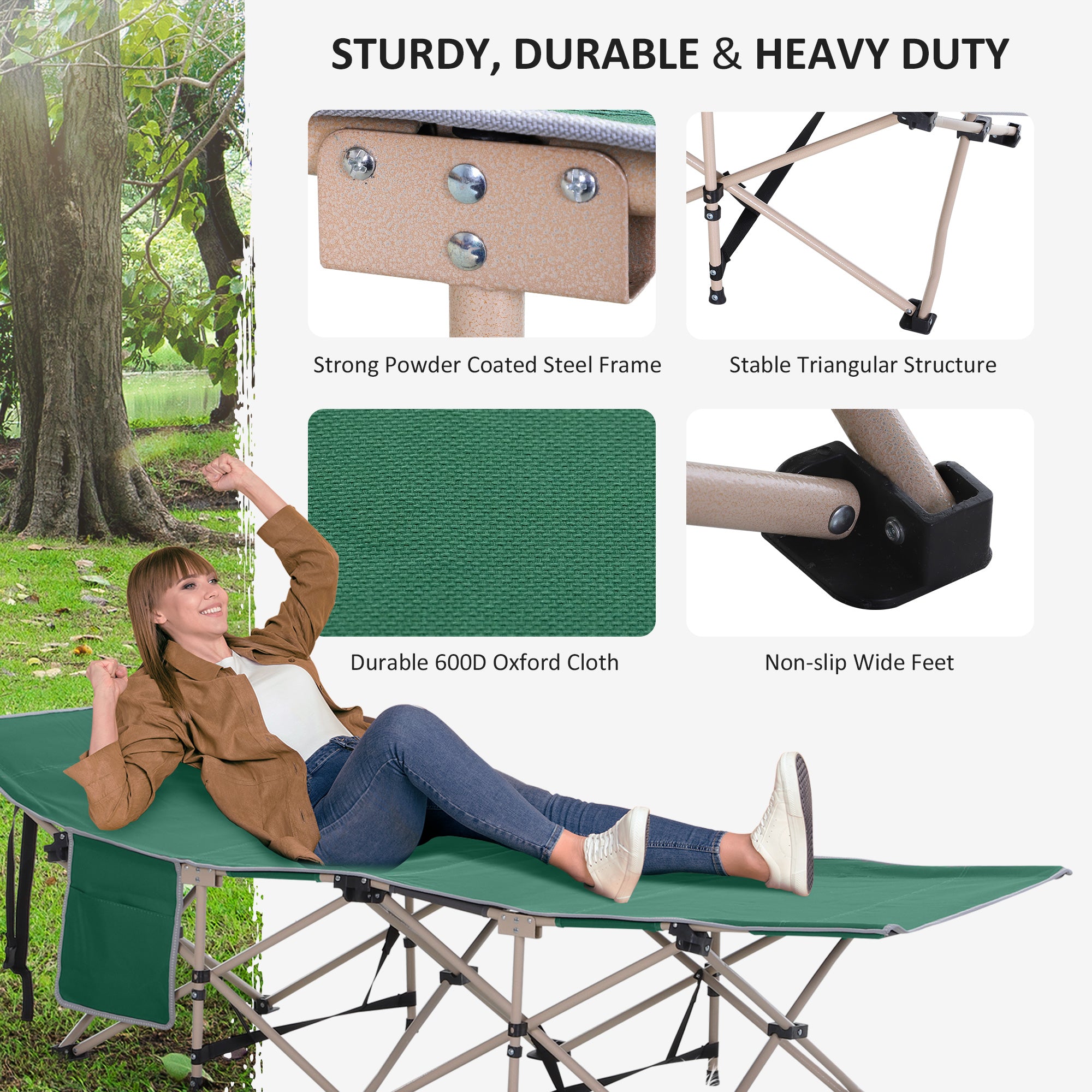 Outsunny Single Person Camping Bed Folding Cot Outdoor Patio Portable Military Sleeping Bed Travel Guest Leisure Fishing with Side Pocket and Carry Bag - Green