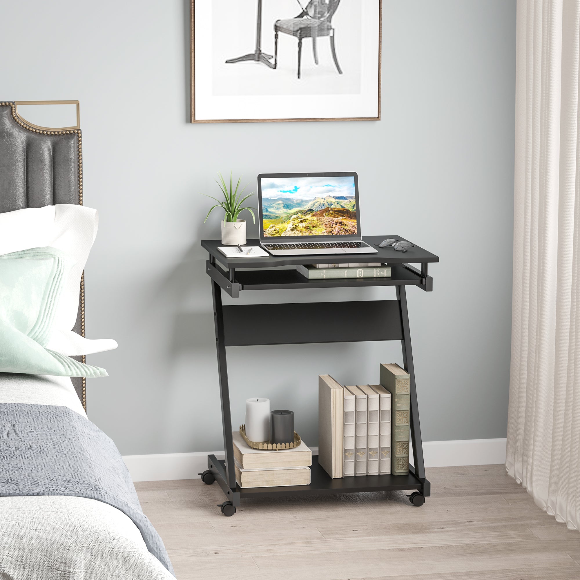 HOMCOM Movable Computer Desk with 4 Moving Wheels Sliding Keyboard Tray Home Office Workstation Black - North Peak Garden Furniture