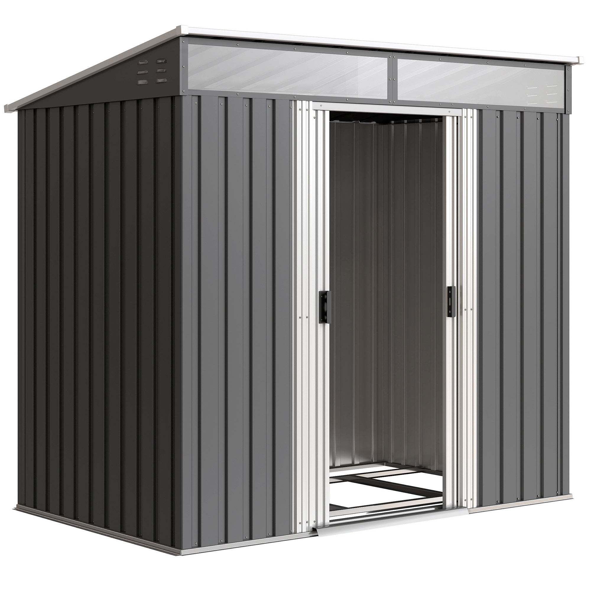 Outsunny 6.5 x 4FT Galvanised Metal Shed with Foundation Kit, Lockable Tool Garden Shed with Double Sliding Doors, Vents, Grey