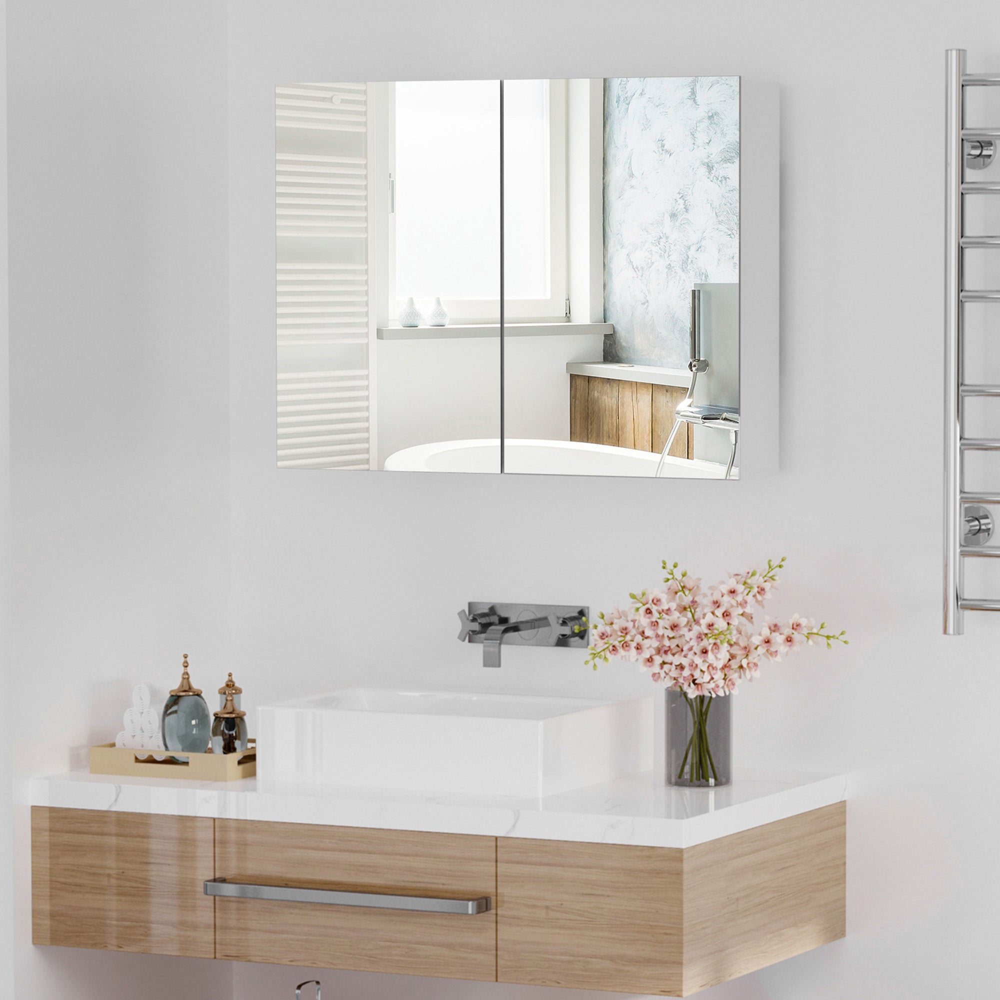 HOMCOM Double Door Wall Mounted Glass Mirror Cabinet Modern Storage Unit Bathroom Shelf Organiser Waterproof Wooden Frame 80Wx15Dx60H(cm)