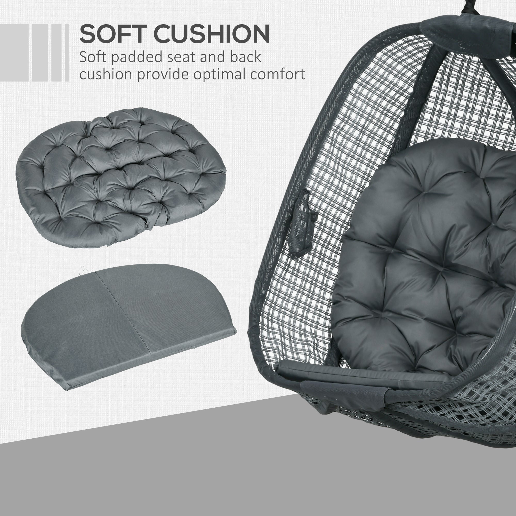 Outsunny Outdoor Swing Chair with Thick Padded Cushion, Patio Hanging Chair with Metal Stand, Egg Chair with Foldable Basket, Cup Holder, for Indoor and Outdoor, Dark Grey - North Peak Garden Furniture