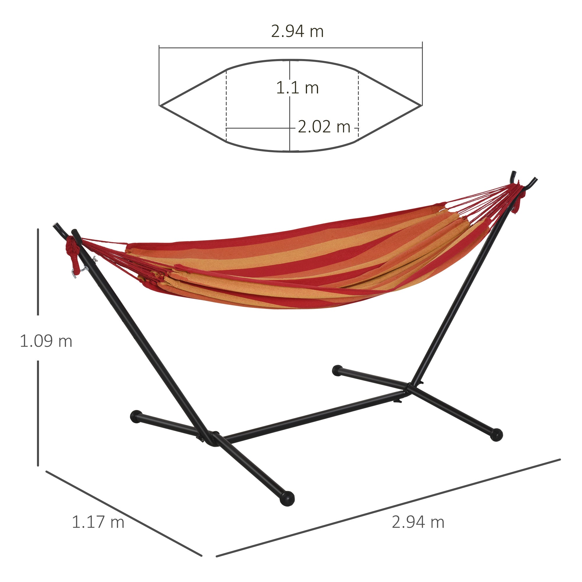 Outsunny Camping Hammock: Portable Stand with Adjustable Height, Striped Hammock with Carrying Bag, 120kg Capacity, 277 x 121cm, Red