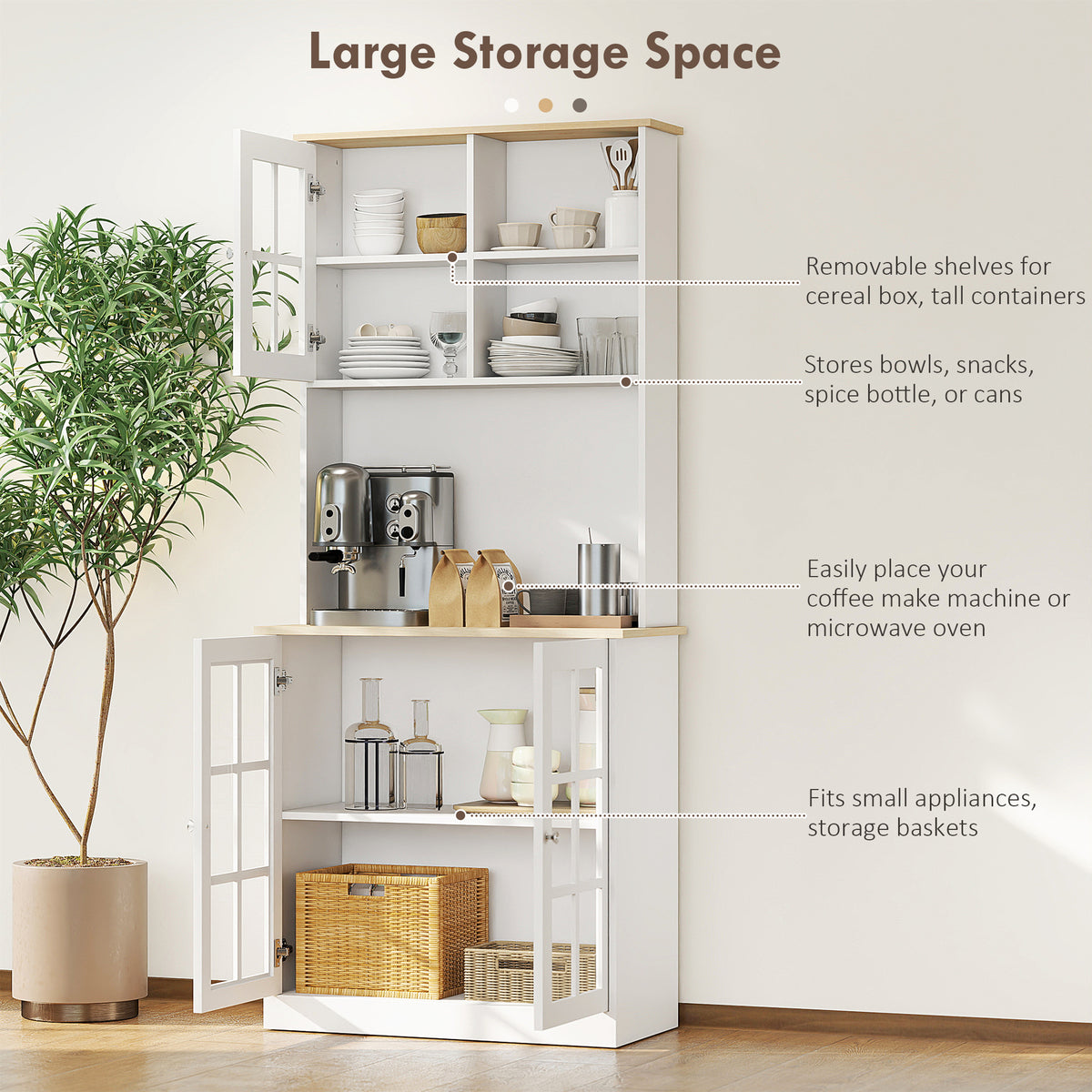 HOMCOM Freestanding Kitchen Cupboard, Tall Storage Cabinet with Doors and Adjustable Shelves, Counter Top, Grid Glass Doors, 80L x 37W x 183H cm - White