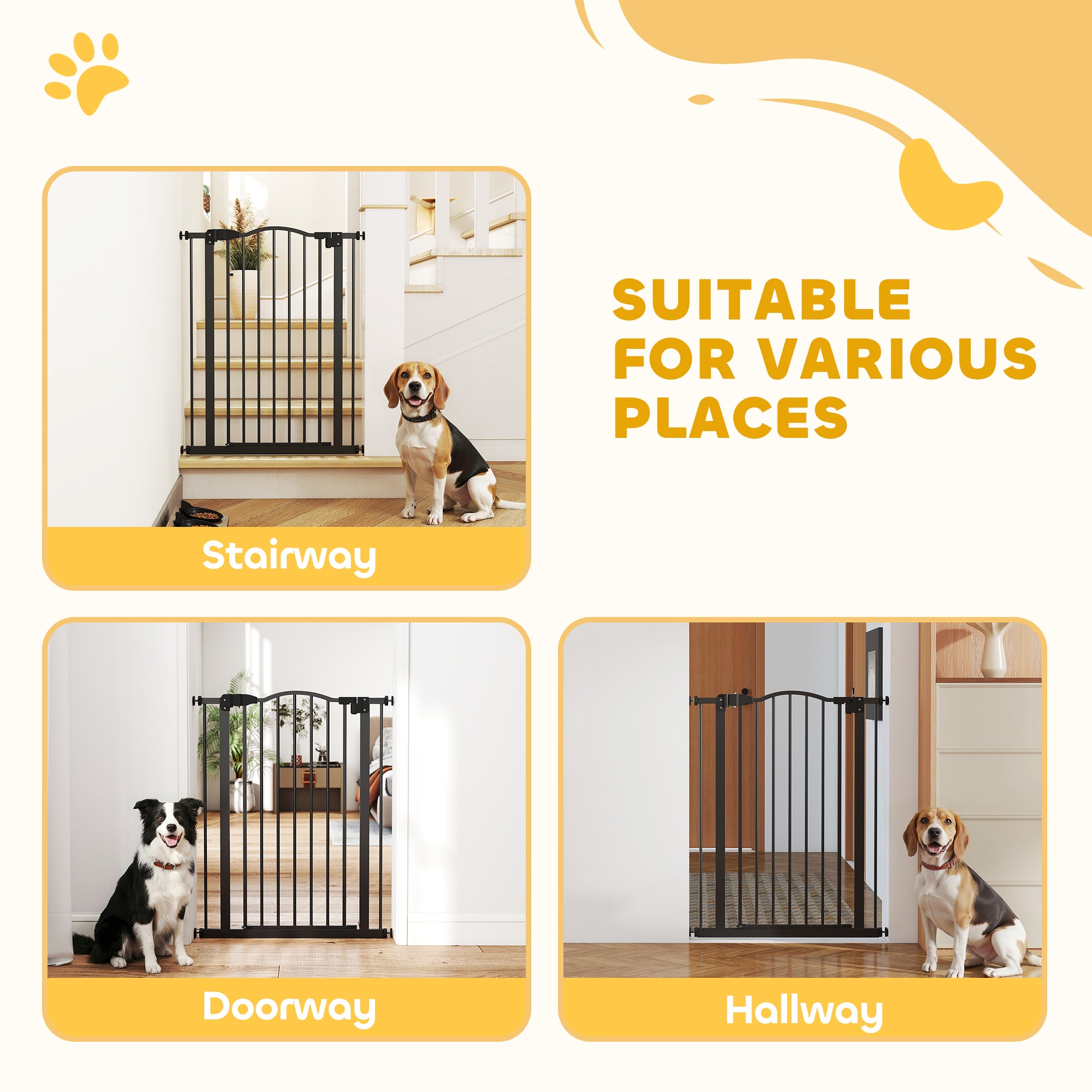 PawHut Pressure Fit Dog Stair Gate No Drilling Safety Gate Auto Close for Doorways, Hallways, 74-80cm Adjustable, 94cm Tall, Black