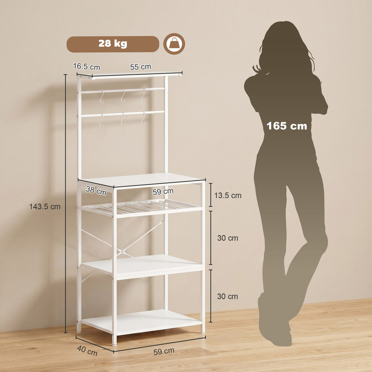 HOMCOM Freestanding Shelving Unit, Industrial Storage Shelf with 6 Hooks and Wine Rack for Living Room, Home Office, White