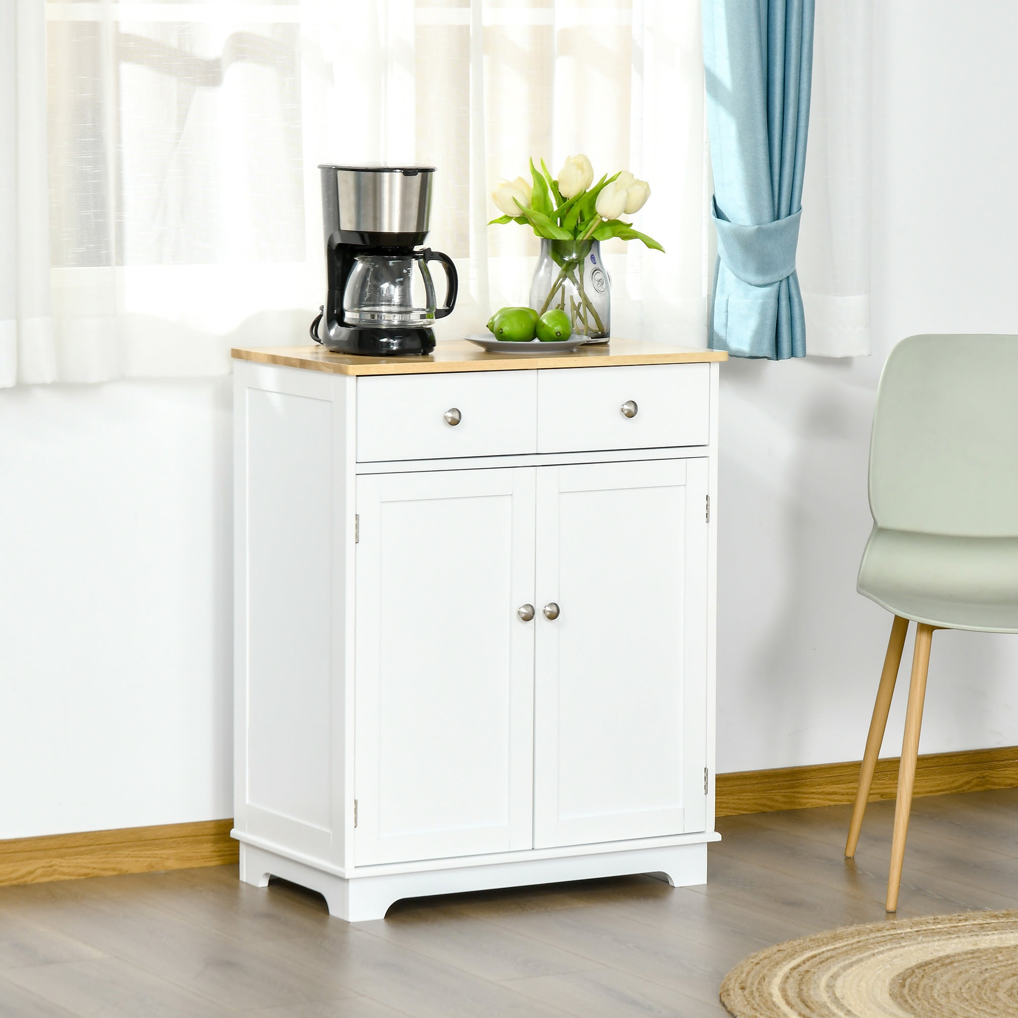 HOMCOM Kitchen Floor Cabinet Side Storage Cupboard Multi-use Sideboard Table with Solid Wood Top, Adjustable Shelf,Drawer for Dining Room, Living Room,Hallway - North Peak Garden Furniture