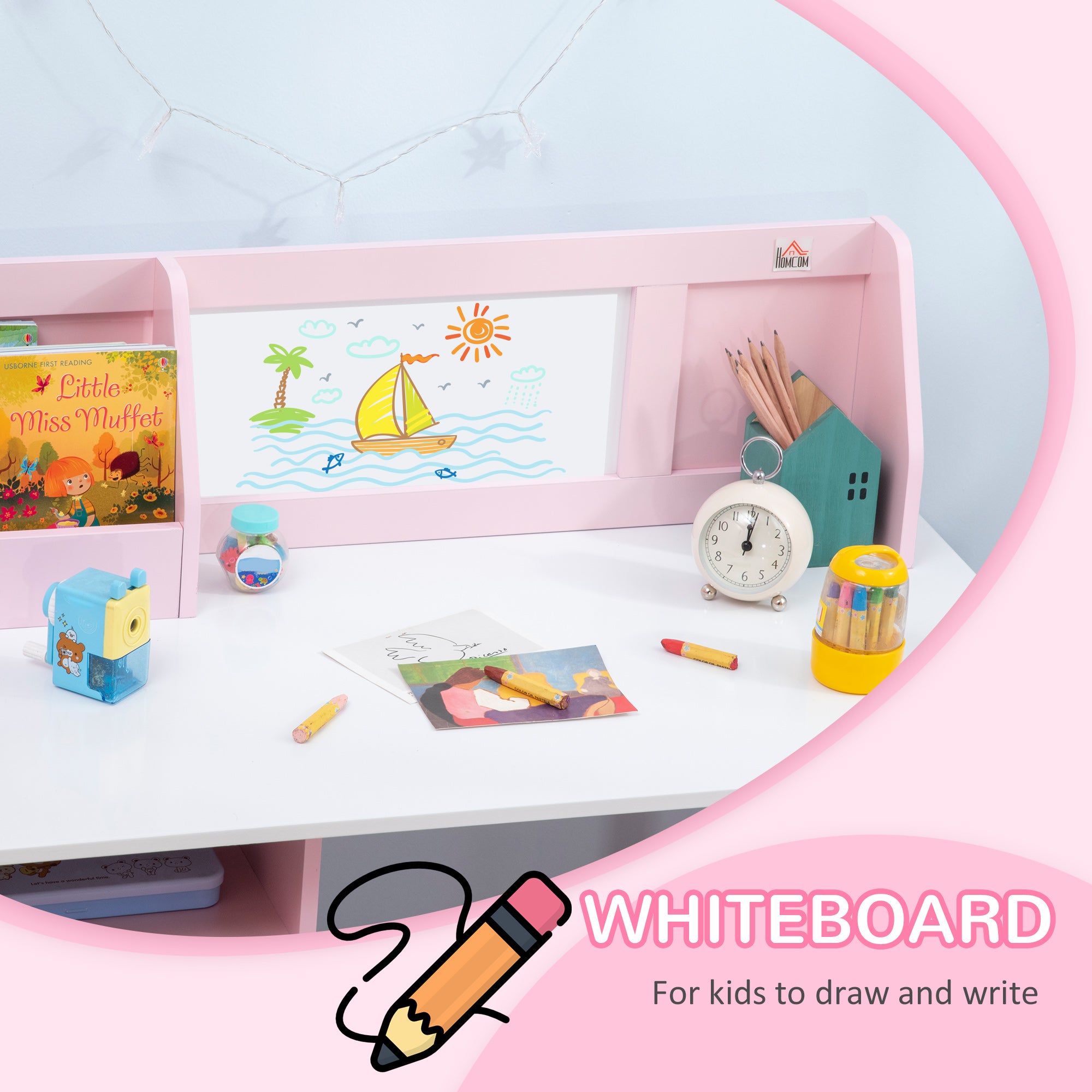 HOMCOM Kids Desk And Chair Set 2 PCs Childrens Table And Chair Set Multi Use Toddler Furniture with Whiteboard, Storage - Pink - North Peak Garden Furniture