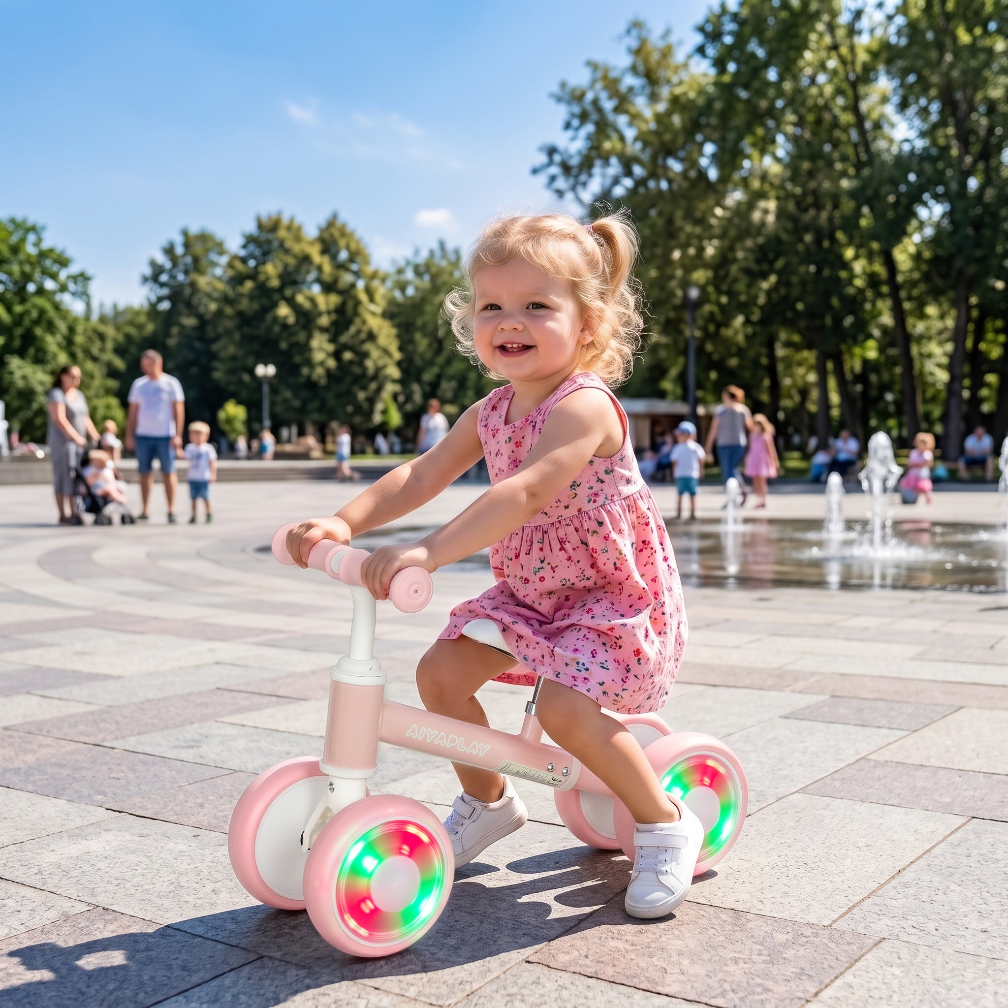 AIYAPLAY Baby Balance Bike for 1-2 Years Old, Light-up Toddler Balance Bike with Adjustable Seat, 4 Silent EVA Wheels, Pink
