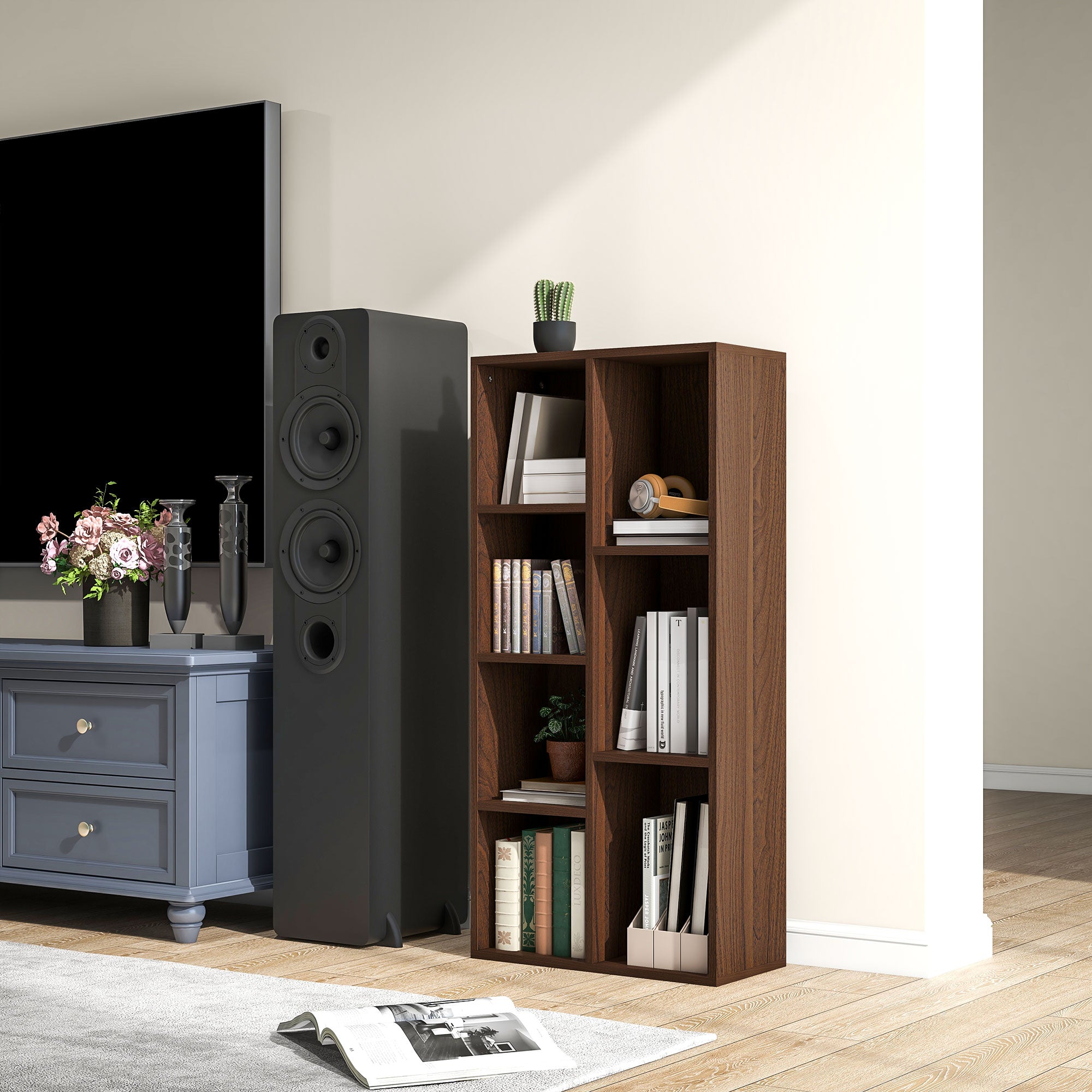 HOMCOM Seven-Cube Bookcase - Walnut Wood Effect - North Peak Garden Furniture