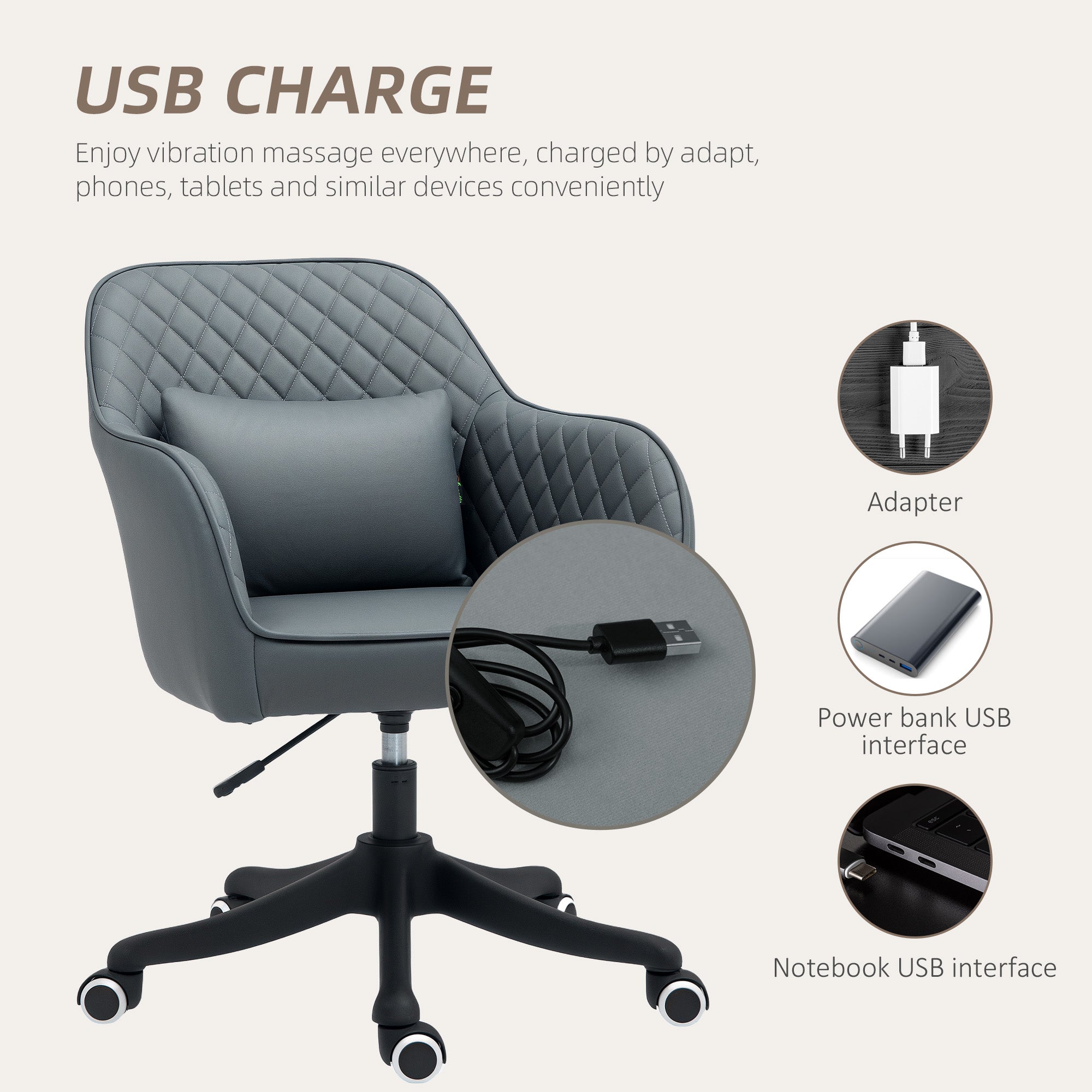 Vinsetto Microfiber Office Chair, Desk Chair, Makeup Vanity Chair with Massage Lumbar Pillow and Rolling Wheels for Bedroom and Home, Grey - North Peak Garden Furniture