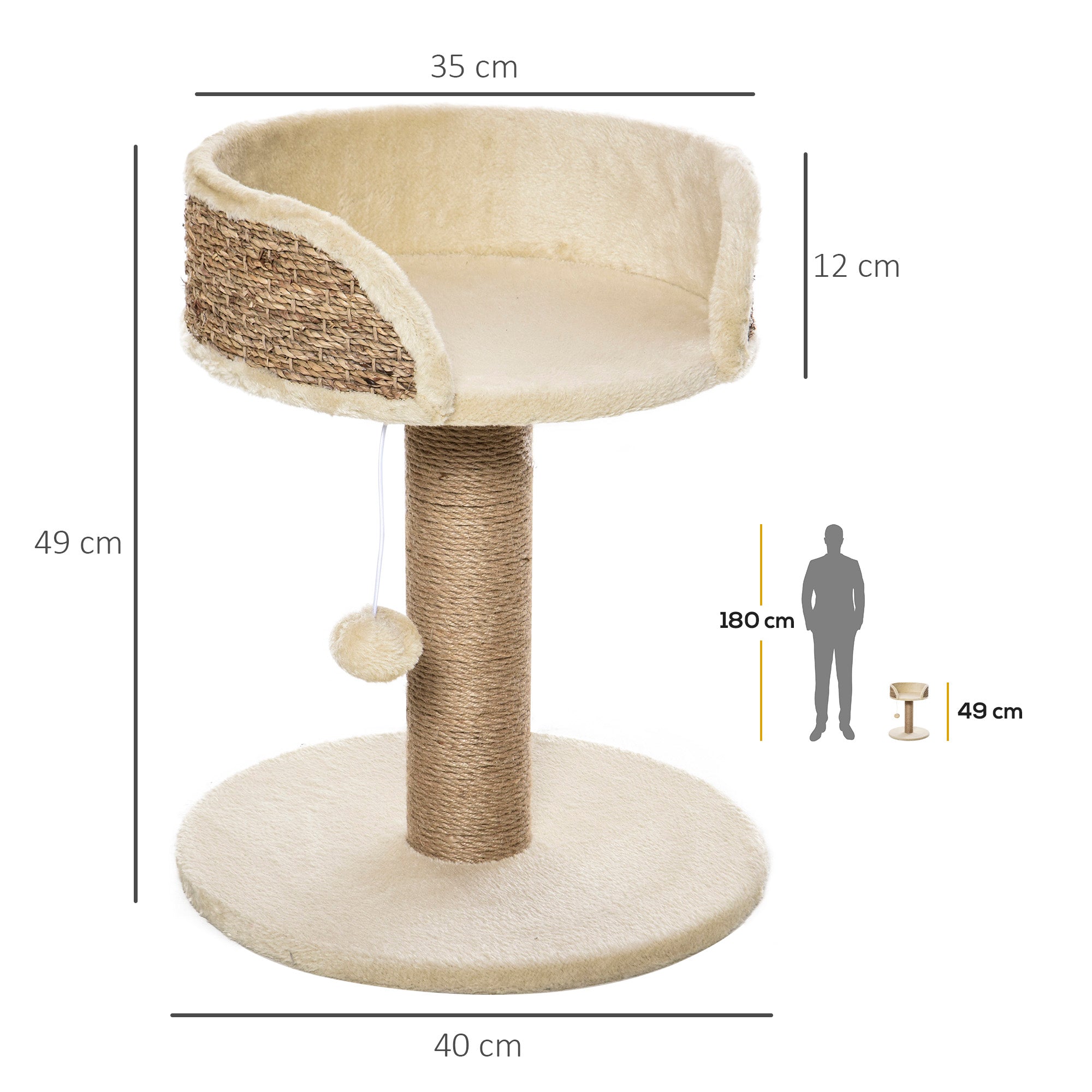 PawHut Cat Tree Tower Basics with Bed, Scratching Post, Activity Centre, Kitten House, Dangling Ball Perch, Beige