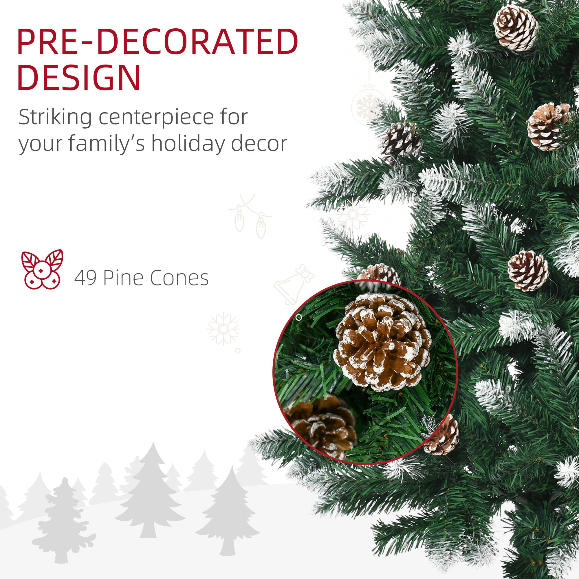 HOMCOM 6 Ft Snow Artificial Christmas Tree with Realistic Branches, Pine Cone, for Indoor Decoration, Green White - North Peak Garden Furniture