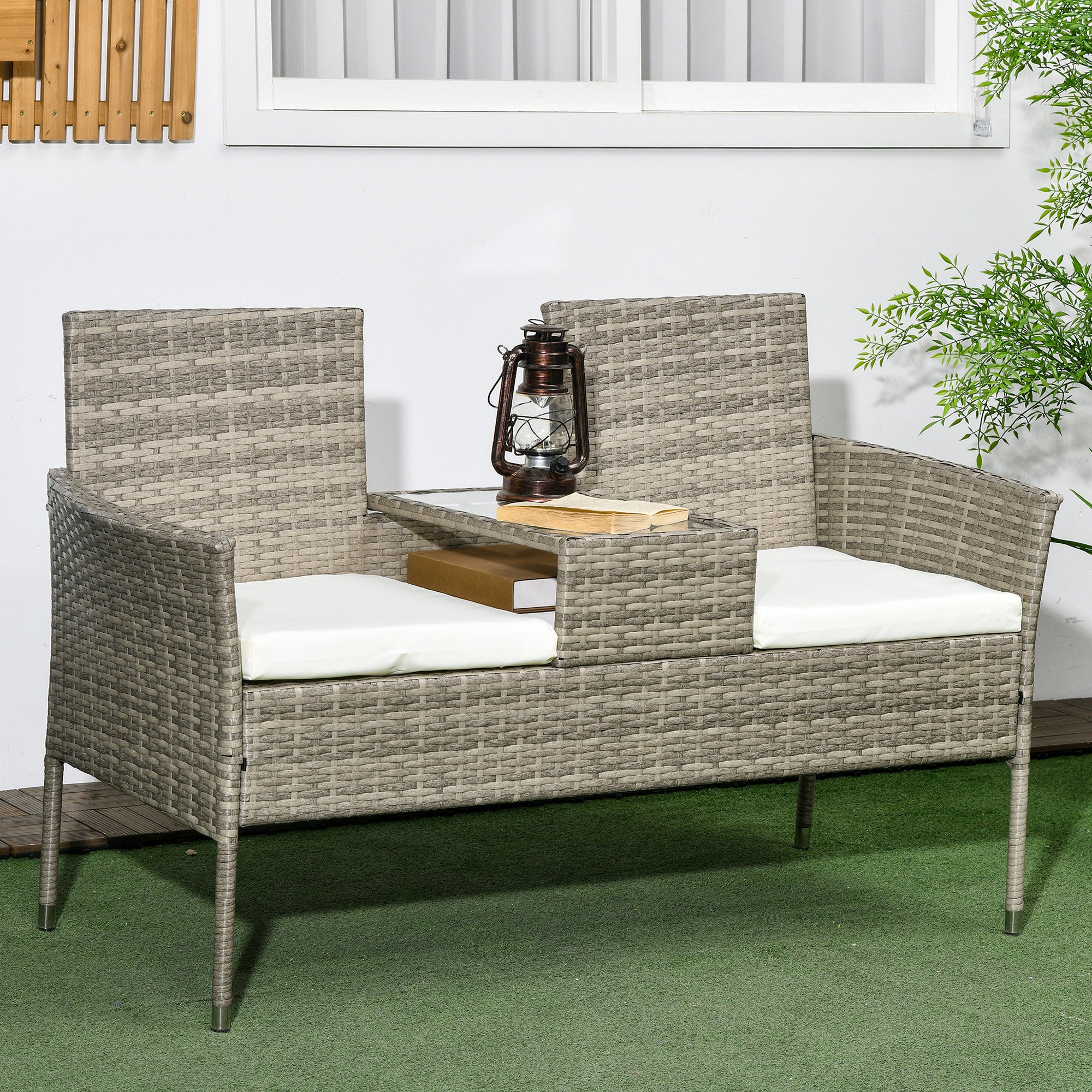 Outsunny Two-Seat Rattan Chair, with Middle Table - Grey - North Peak Garden Furniture