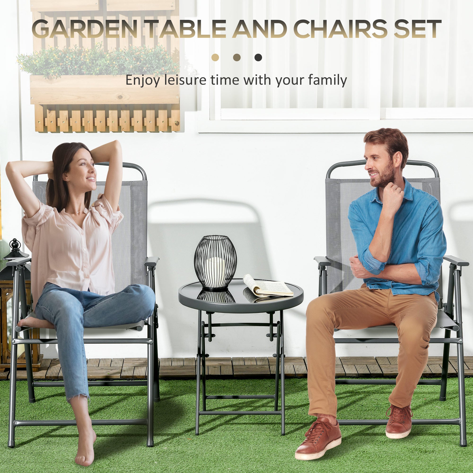 Outsunny Three-Piece Garden Seat Set, with Glass-Top Table - Light Grey - North Peak Garden Furniture