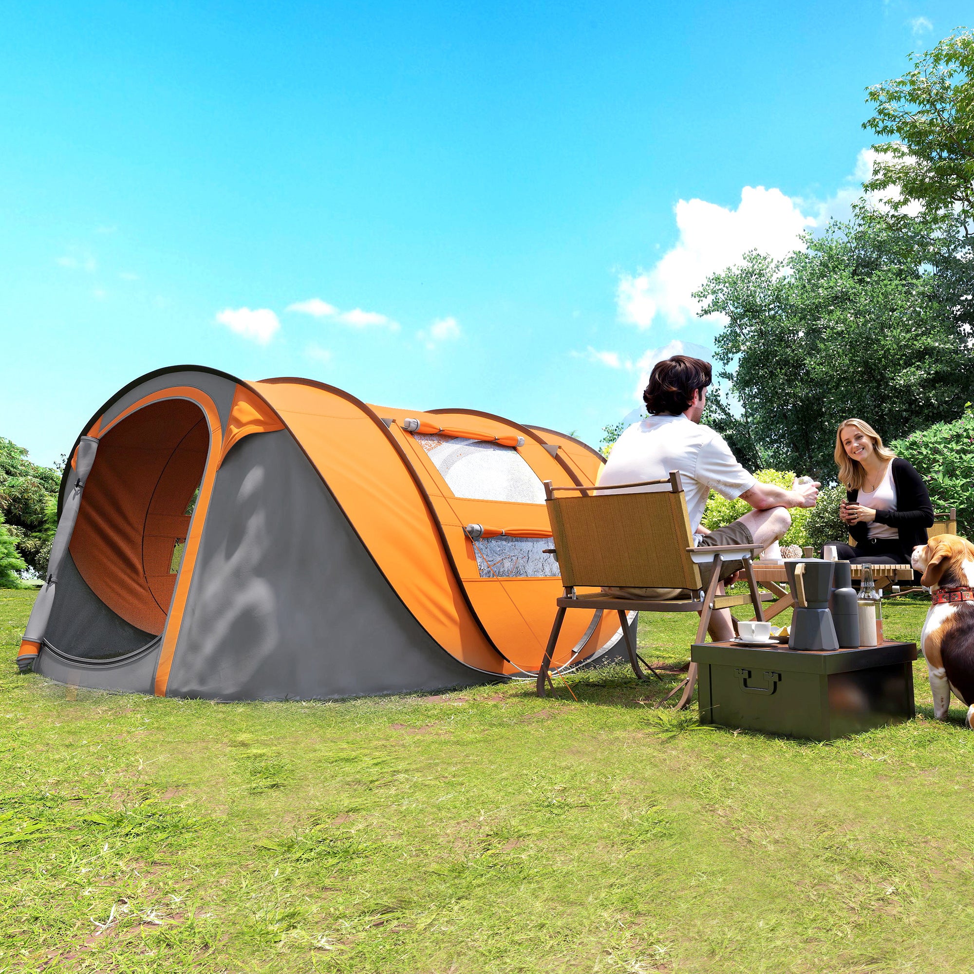 Outsunny 4-5 Person Pop-up Camping Tent Waterproof Family Tent w/ 2 Mesh Windows & PVC Windows Portable Carry Bag for Outdoor Trip, Orange