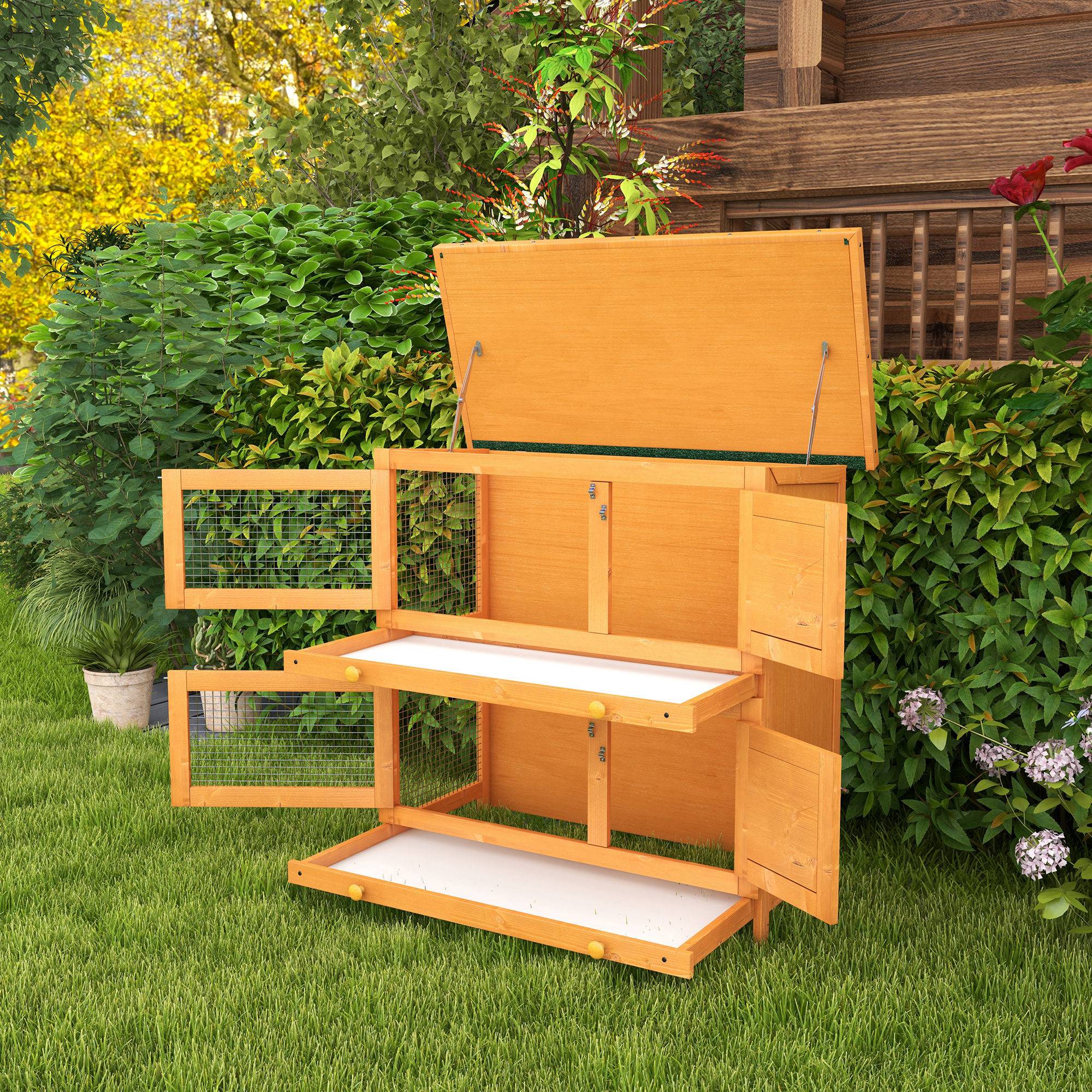 PawHut Rabbit Hutch Outdoor Guinea Pig Hutch Wooden Duck House Pet Cage with Opening Roof, 90 x 45 x 90cm - North Peak Garden Furniture