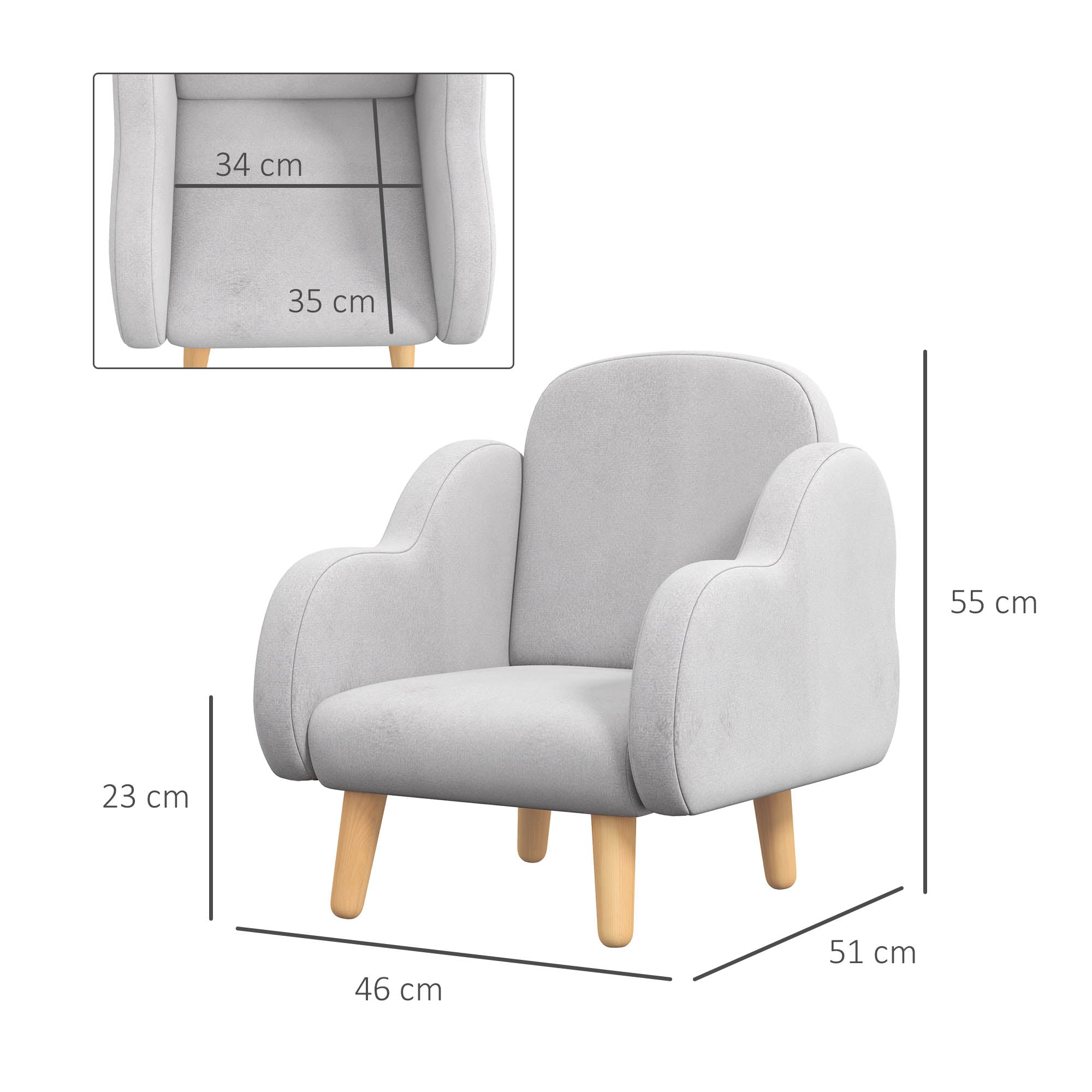 ZONEKIZ Kids Armchair Toddler Sofa Children Chair with Arm Rest, Wooden Frame, Velvet, PP Legs, Cloud Shape, for Ages 1.5-3 Years - Grey - North Peak Garden Furniture