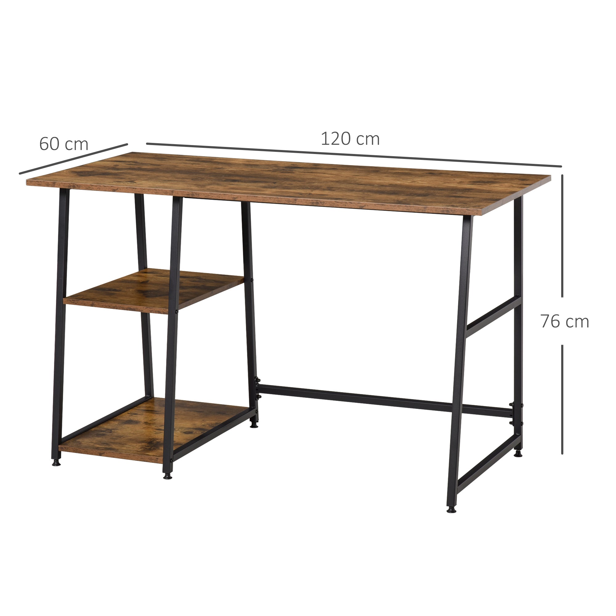 HOMCOM Computer Desk with Storage, Industrial Home Office Desk with 2 Tier Shelves and Steel Frame, Work Desk for Study Room, Black and Rustic Brown