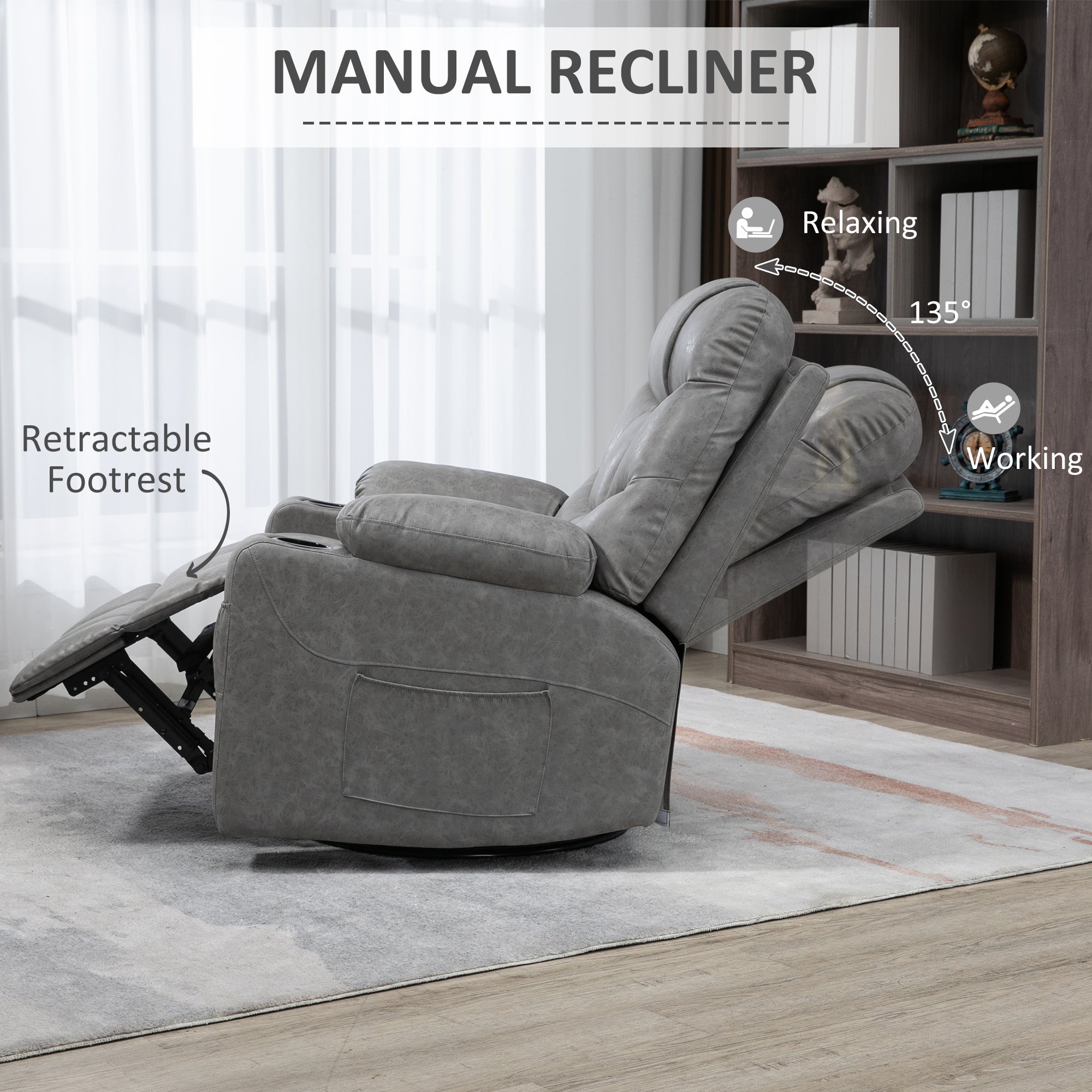 HOMCOM Manual Reclining Chair, Recliner Armchair with Swivel, Faux Leather, Below, Cup Holders, 86x93x102cm, Grey