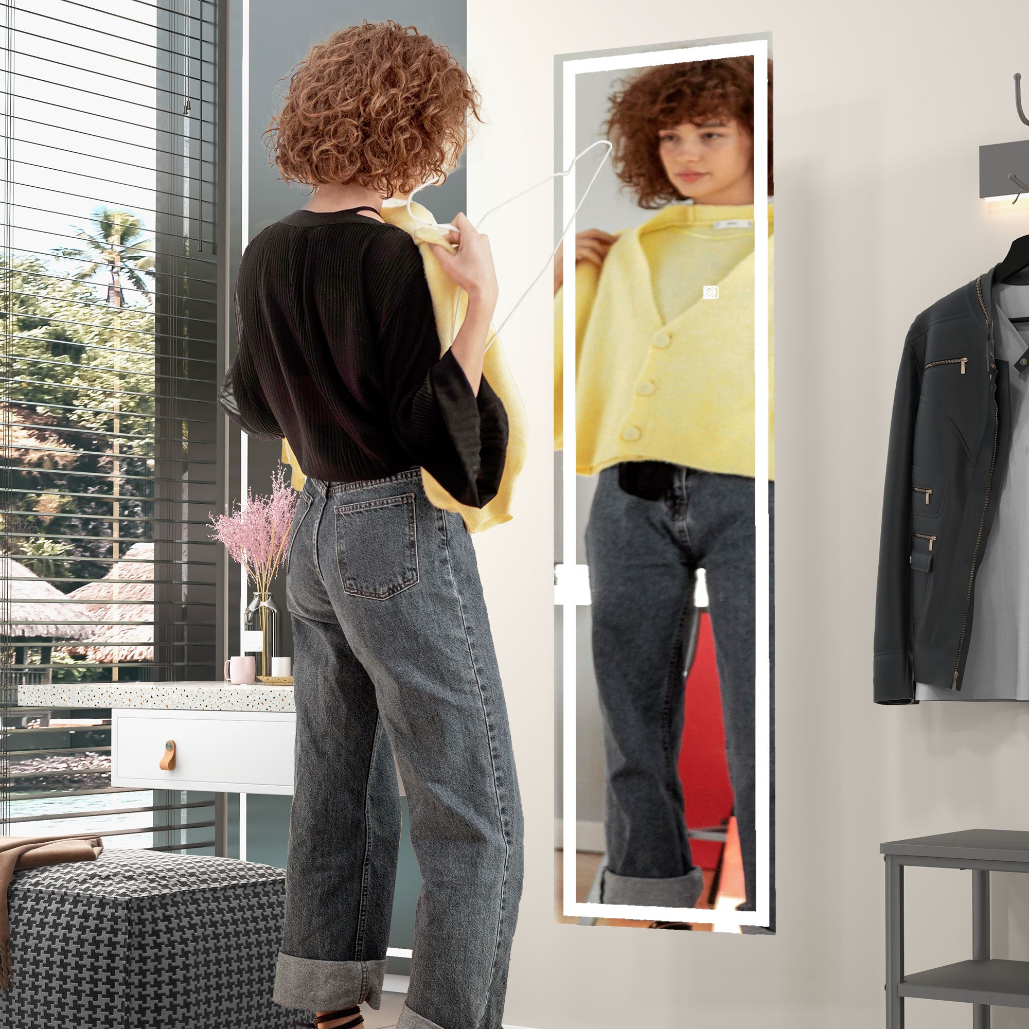 HOMCOM Standing Dressing Mirror with LED Lights, Wall Dressing Mirror for Bedroom with Dimmable and 3 Colour Lighting, White - North Peak Garden Furniture