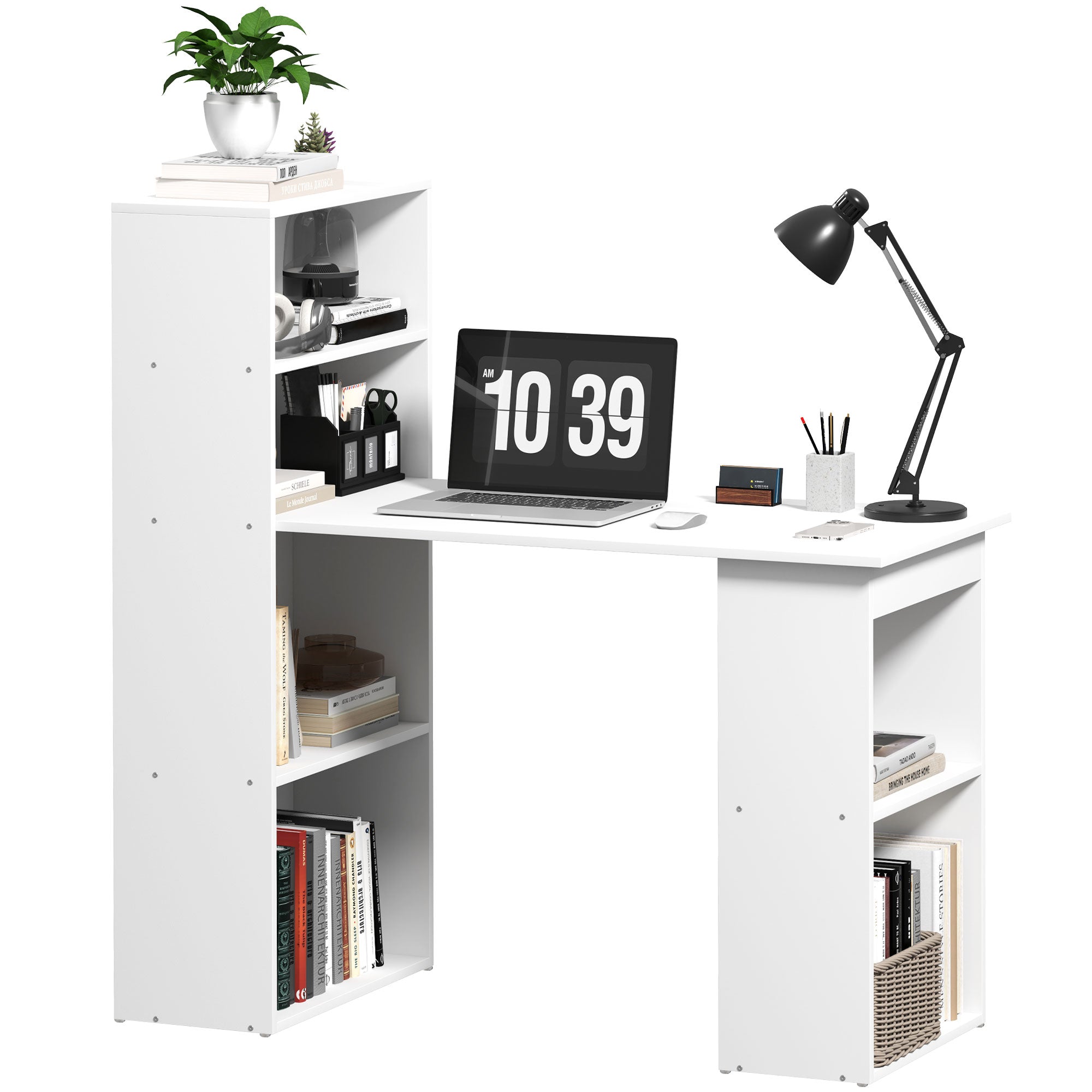 HOMCOM 120cm Modern Computer Desk Bookshelf Study Table Workstation PC Laptop Writing Home Office 6 Shelves White - North Peak Garden Furniture