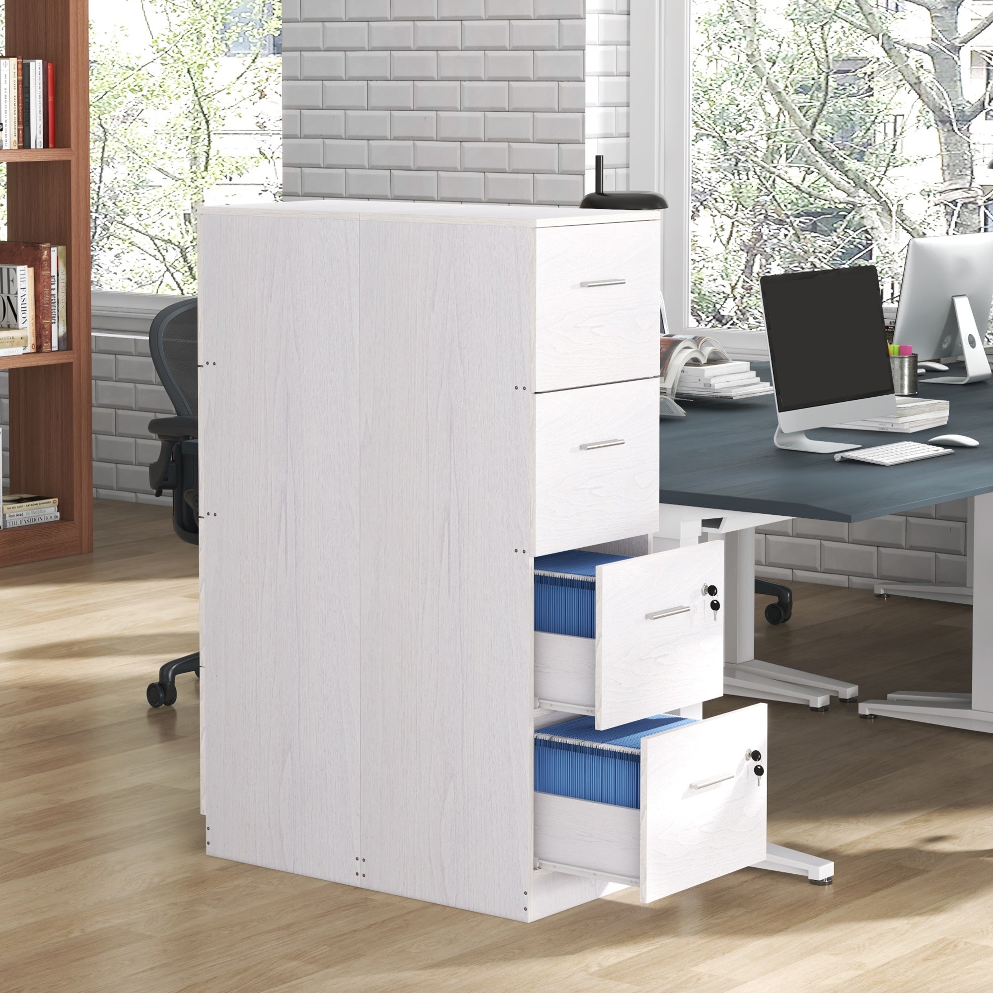 HOMCOM Four-Drawer Lockable Filing Cabinet - White Wood Effect - North Peak Garden Furniture