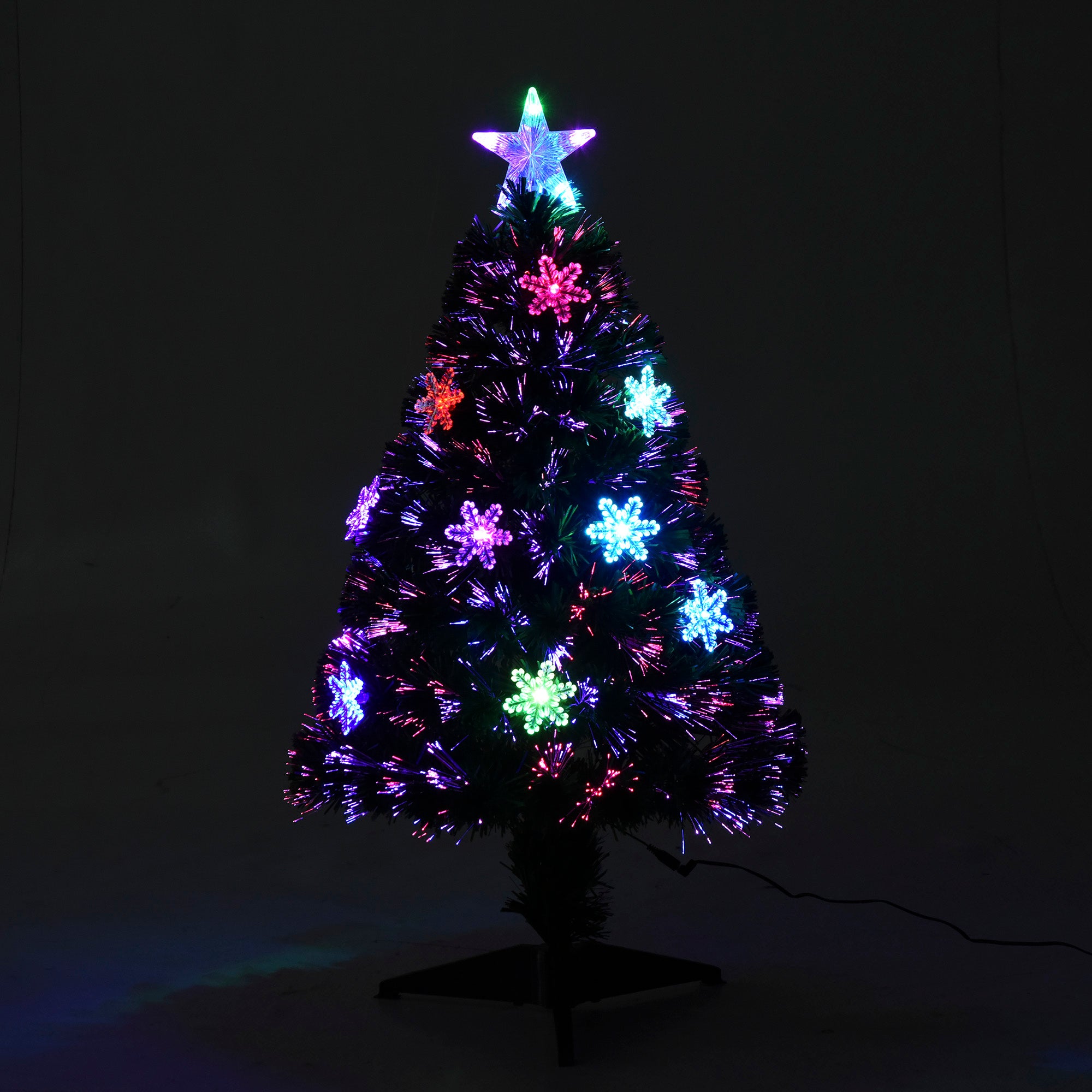 HOMCOM 3FT Green Fibre Optic Artificial Christmas Tree Xmas Colourful LED Scattered Tree with Snowflakes Ornaments Fireproofing - North Peak Garden Furniture