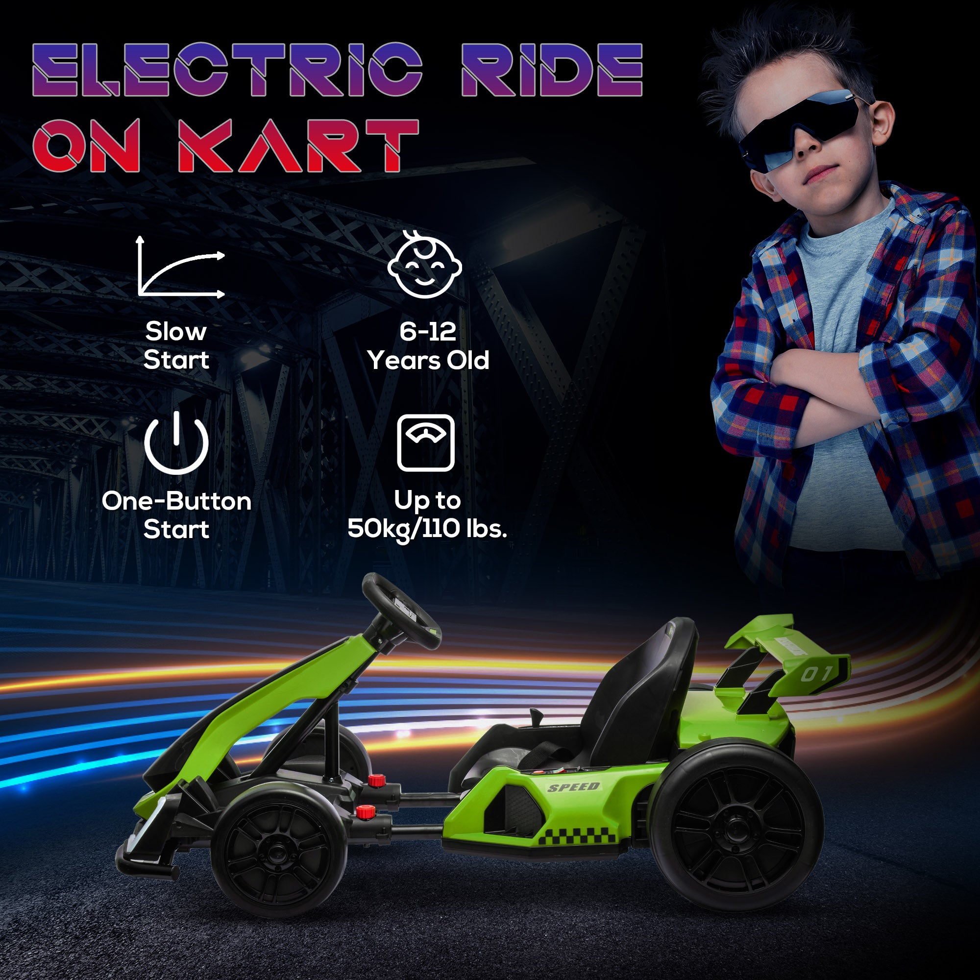 HOMCOM 24V Electric Go Kart for Kids with Adjustable Seat for 6-12 Years, Green