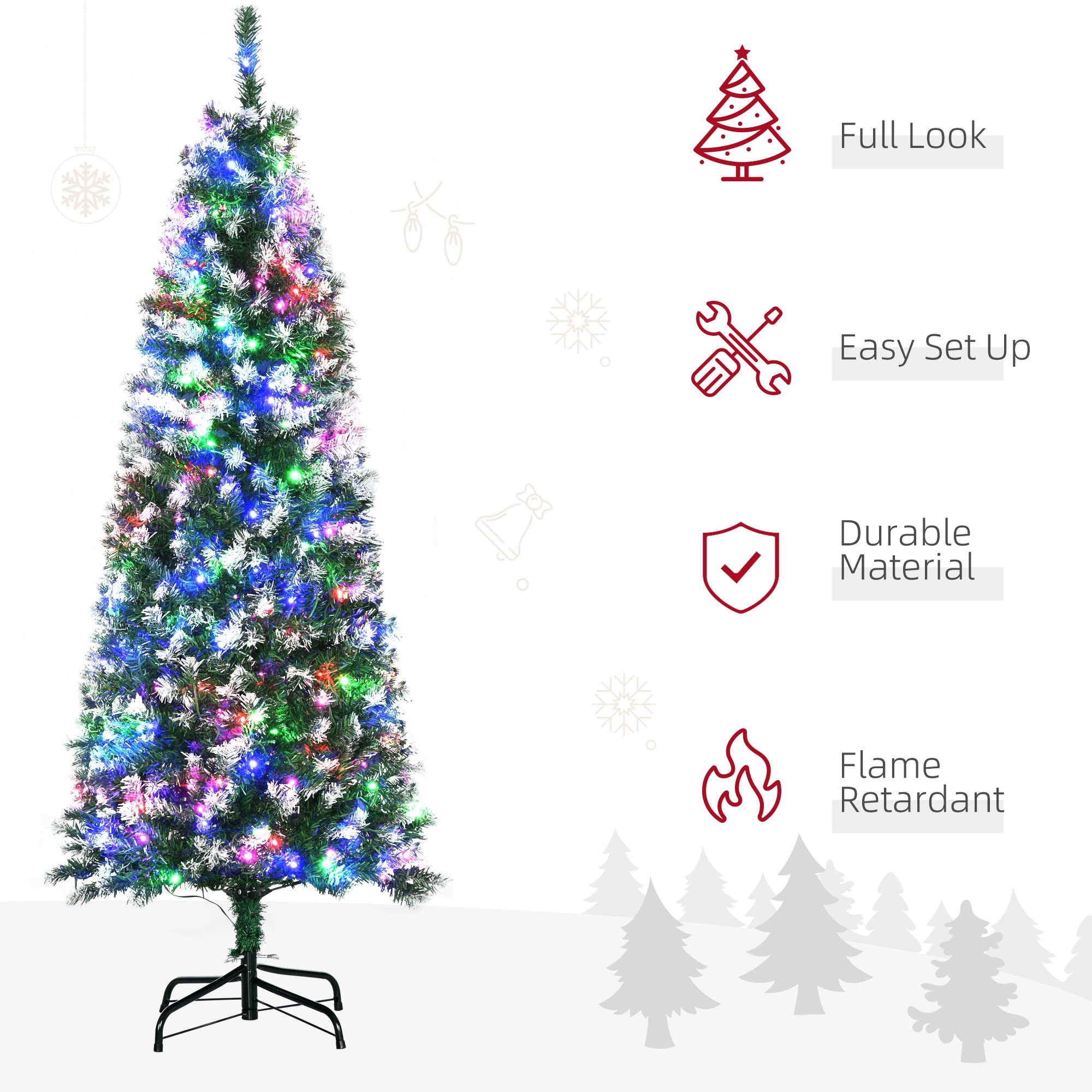 HOMCOM 5FT Tall Prelit Pencil Slim Artificial Christmas Tree with Realistic Branches, 250 Colourful LED Lights and 408 Tips, Xmas Decoration, Green - North Peak Garden Furniture