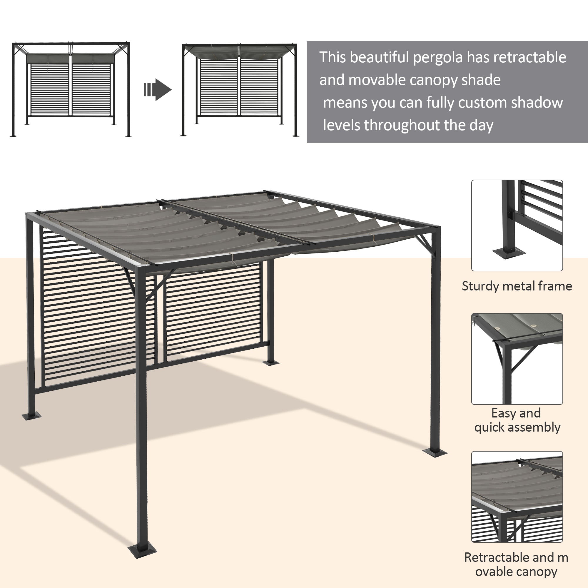 Outsunny 3 x 2.8m Metal Pergola, with Retractable Fabric Roof - Grey - North Peak Garden Furniture