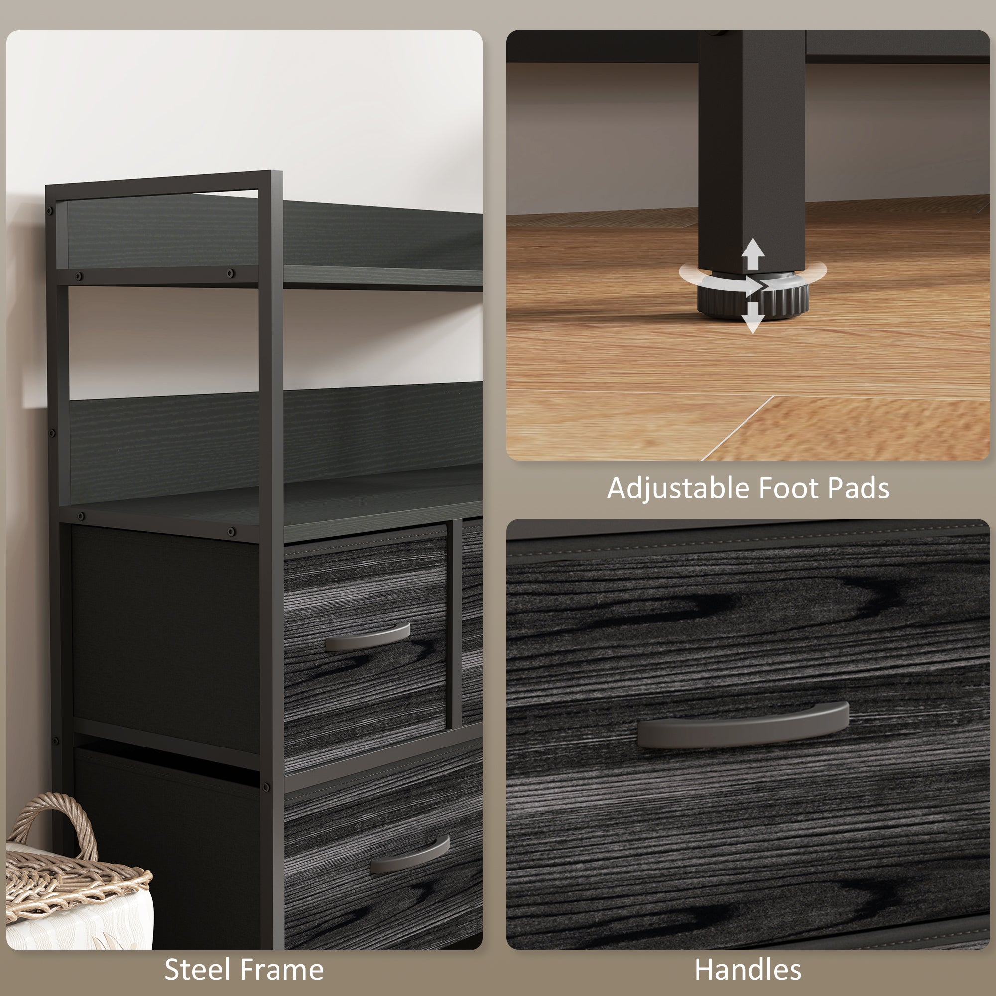HOMCOM Rustic Chest of Seven Fabric Drawers - Black - North Peak Garden Furniture