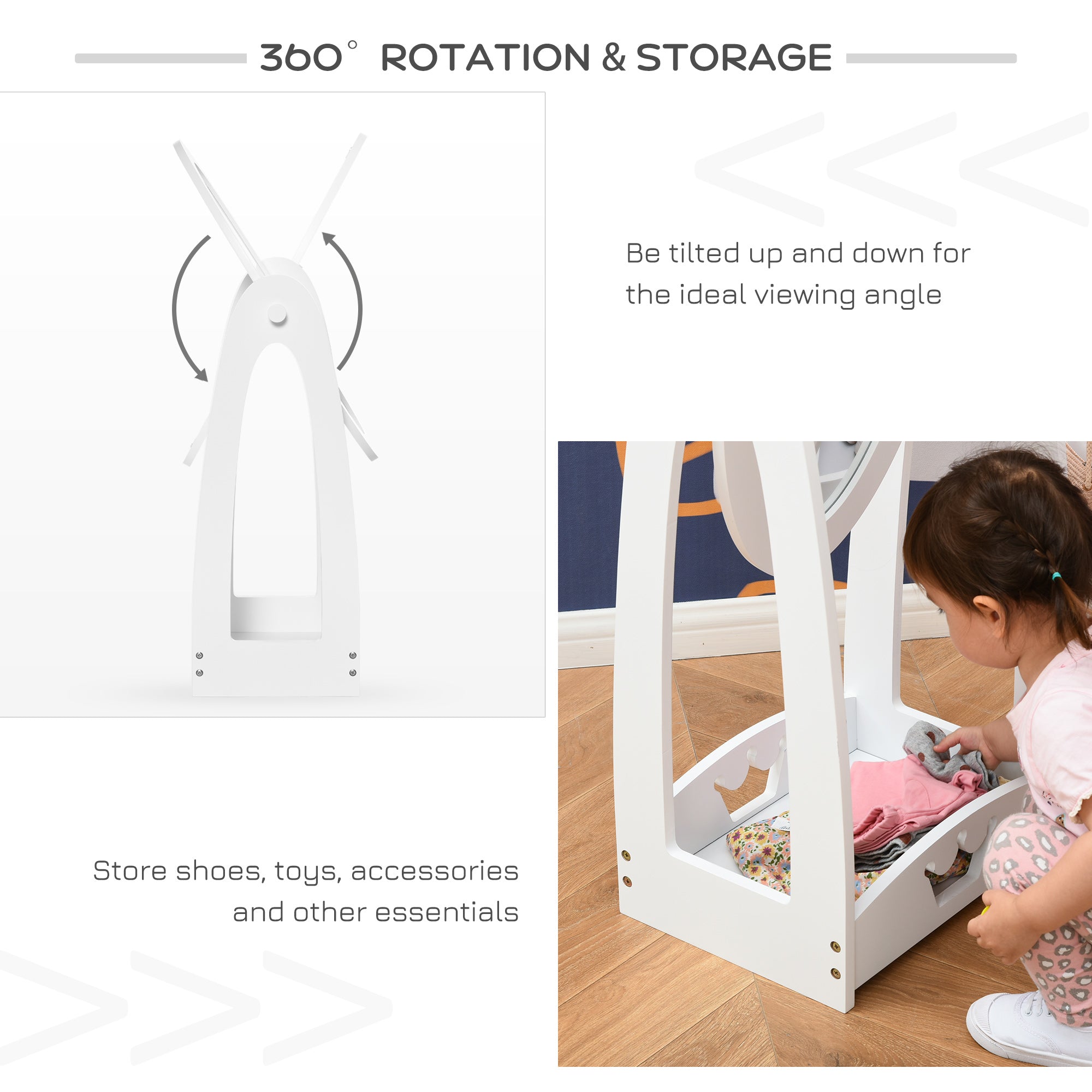 HOMCOM Free Standing Full Length Mirror, Child's Dressing Mirror with storage shelf, Children's White Bedroom Furniture 360° Rotation MDF, For 3- 8 Years Old, 40L x 30W x 104H cm - North Peak Garden Furniture