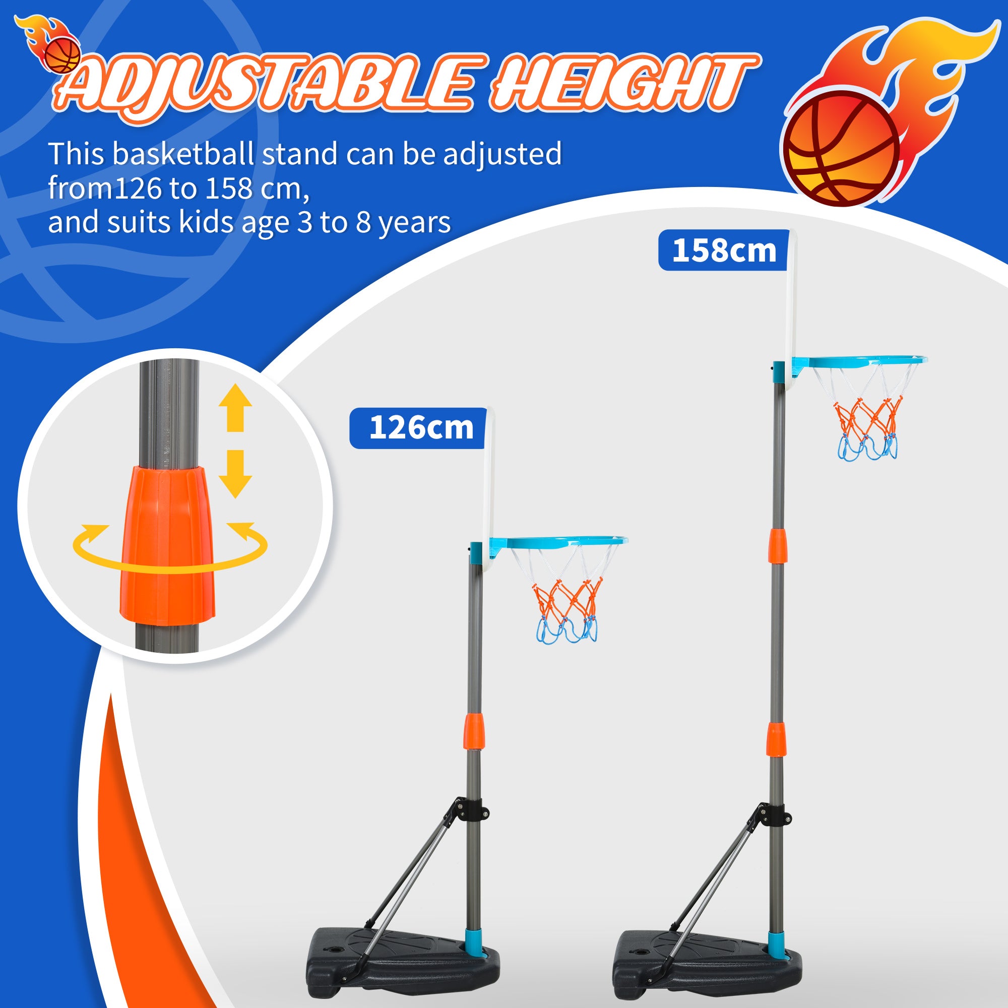 HOMCOM Kids Basketball Hoop and Stand Portable Basketball Stand Set w/ Ball Pump Netting Backboard Adjustable Height from 126 cm to 158 cm - North Peak Garden Furniture