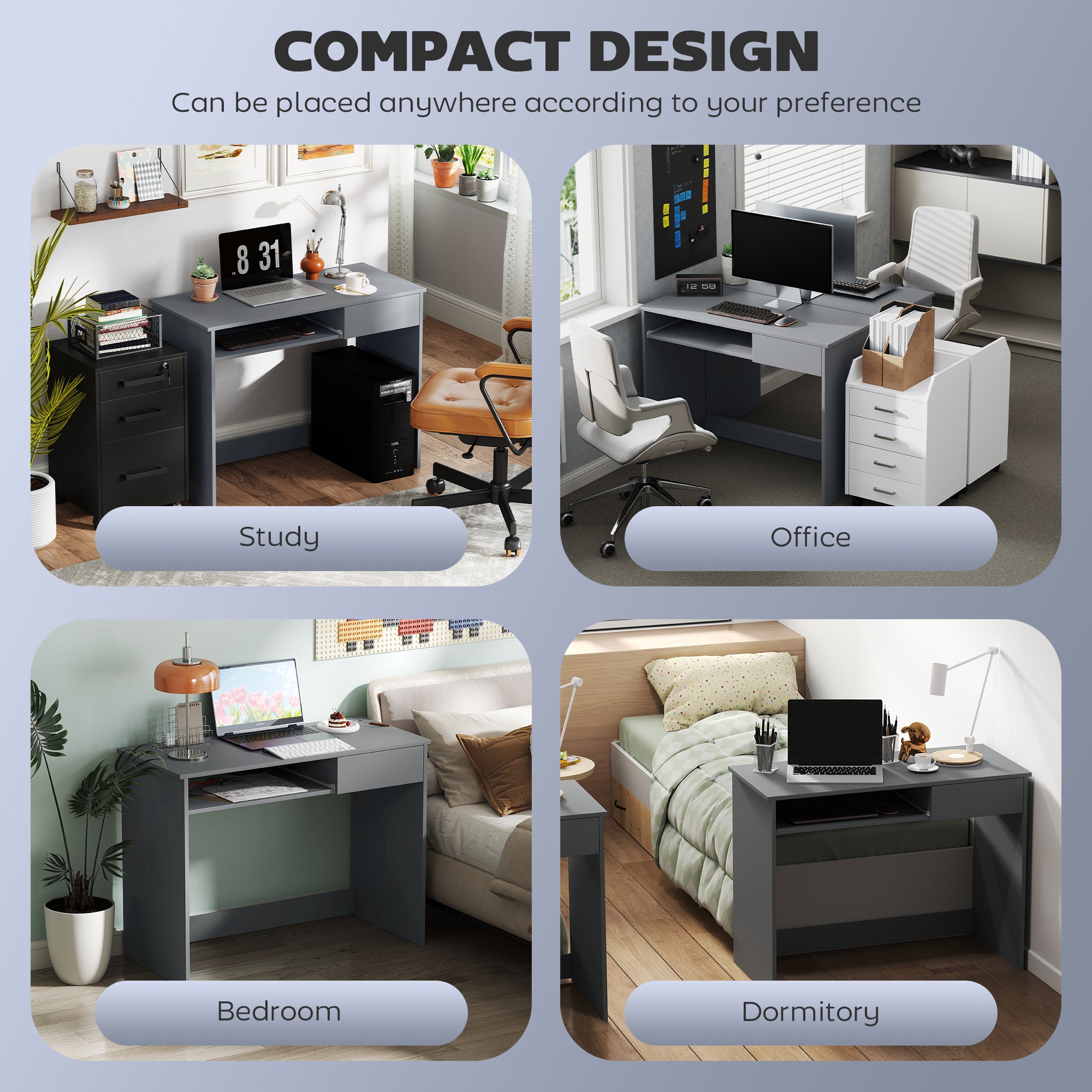 HOMCOM 100cm Compact Computer Desk with Keyboard Tray, Home Office Desk with Drawer for Bedroom Study, Grey - North Peak Garden Furniture